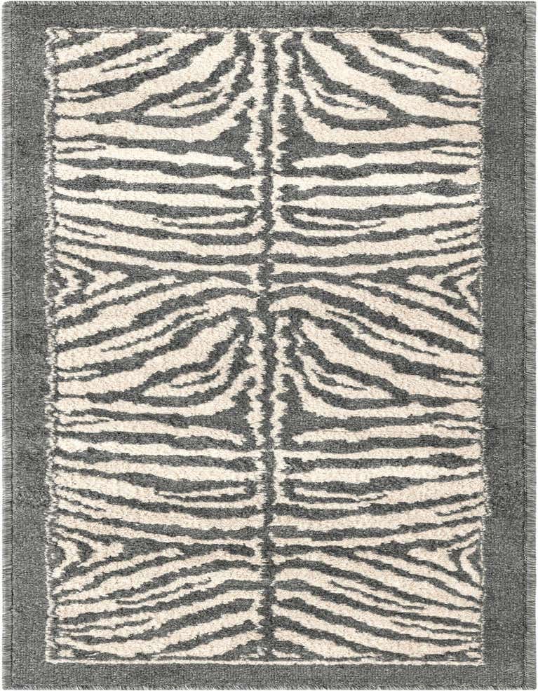 A 5 ft runner rug featuring a modern zebra stripe pattern in ivory and gray, with a solid gray border.
