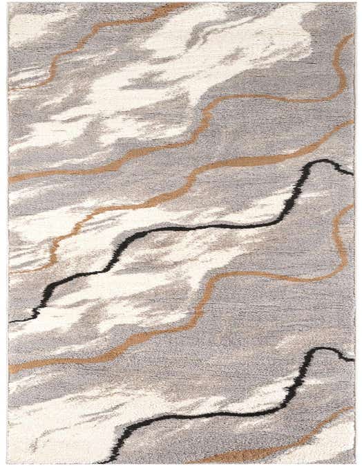 A 10 ft runner rug from the Sepia collection, featuring an abstract pattern in ivories, creams, grays, and silvers with textured pile.
