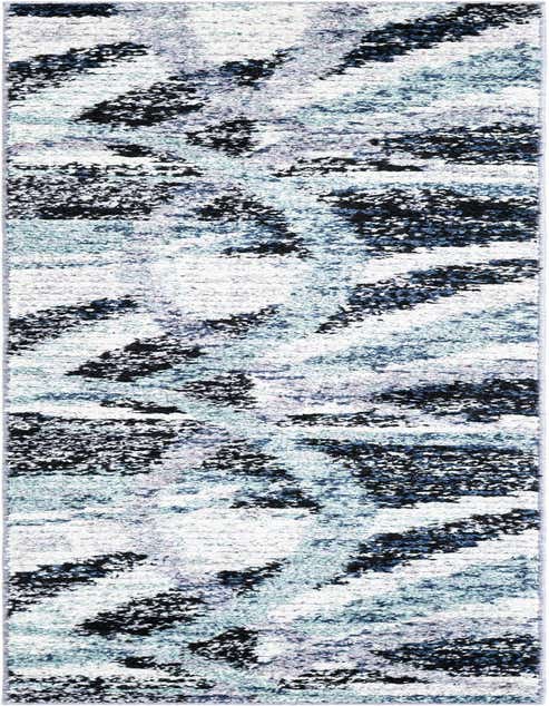 A long 8 ft runner rug with a modern abstract stripe pattern in shades of ivory, cream, gray, and black.