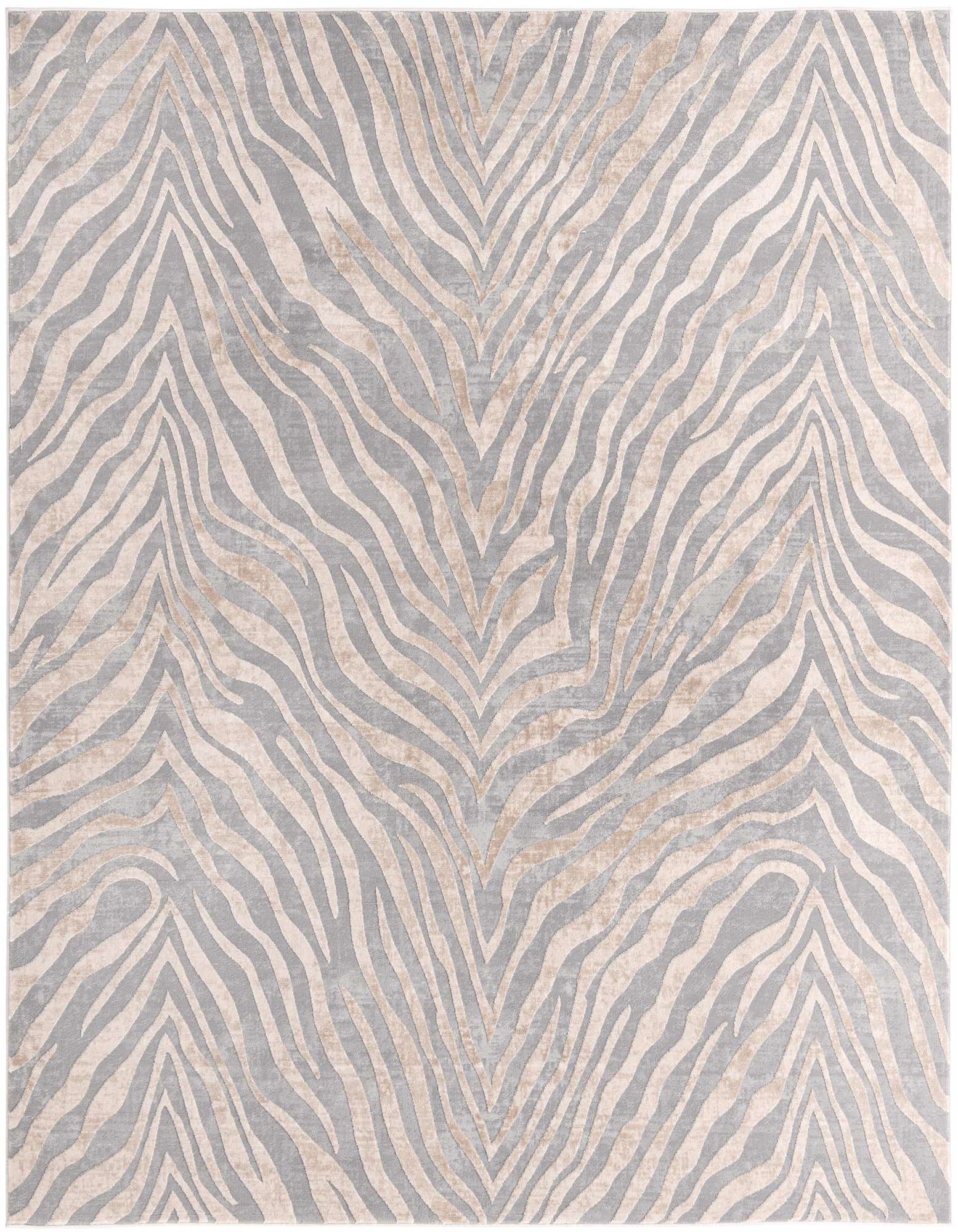 A square Finsbury rug featuring a modern zebra stripe pattern in shades of ivory, cream, and gray.