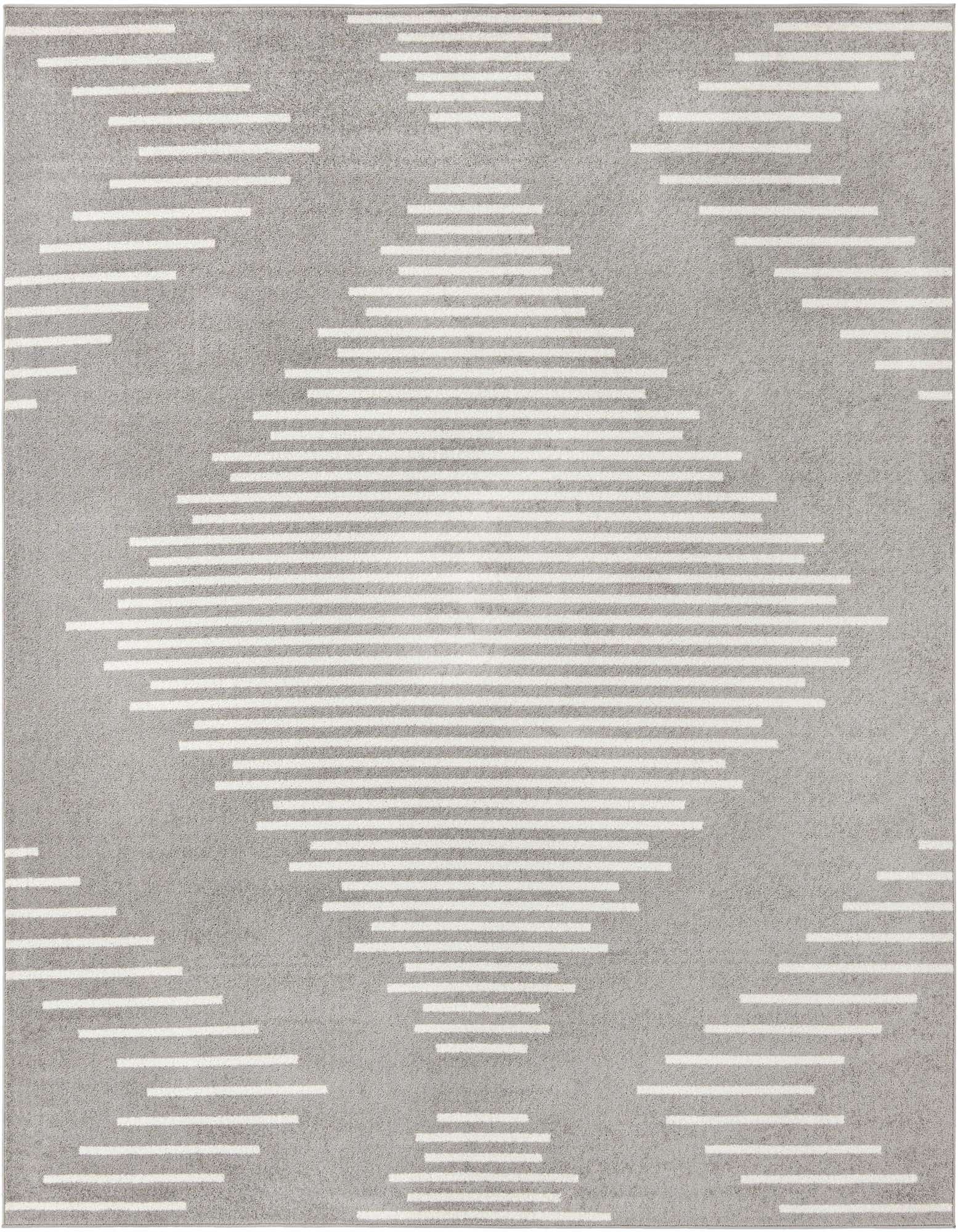 A 10'x10' square gray rug with a modern geometric pattern of horizontal ivory and white stripes forming large diamonds.