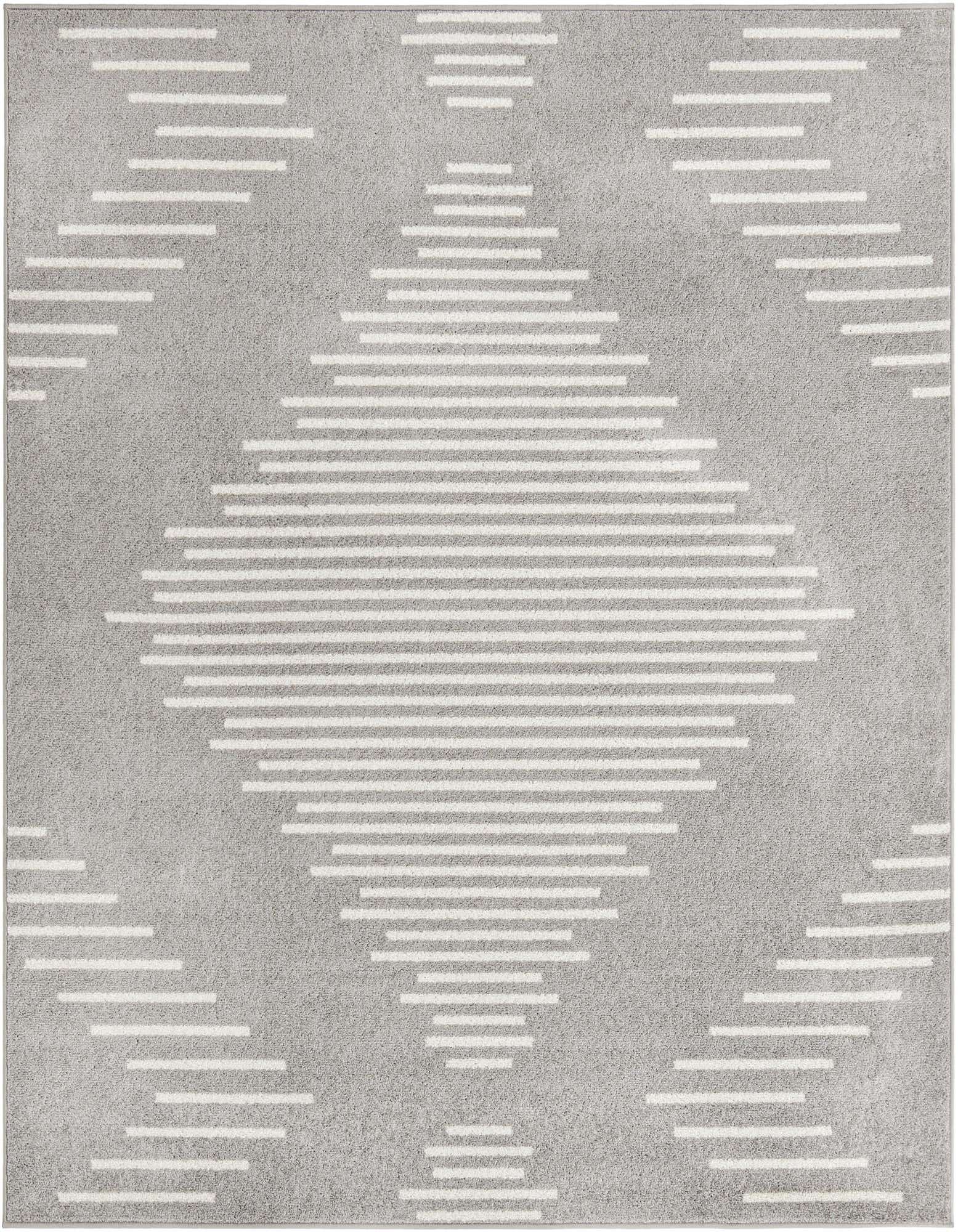 A 7' 0 x 7' 0 square Kai rug from Rugs.com featuring a modern geometric pattern of horizontal ivory stripes forming large diamonds on a soft gray background.