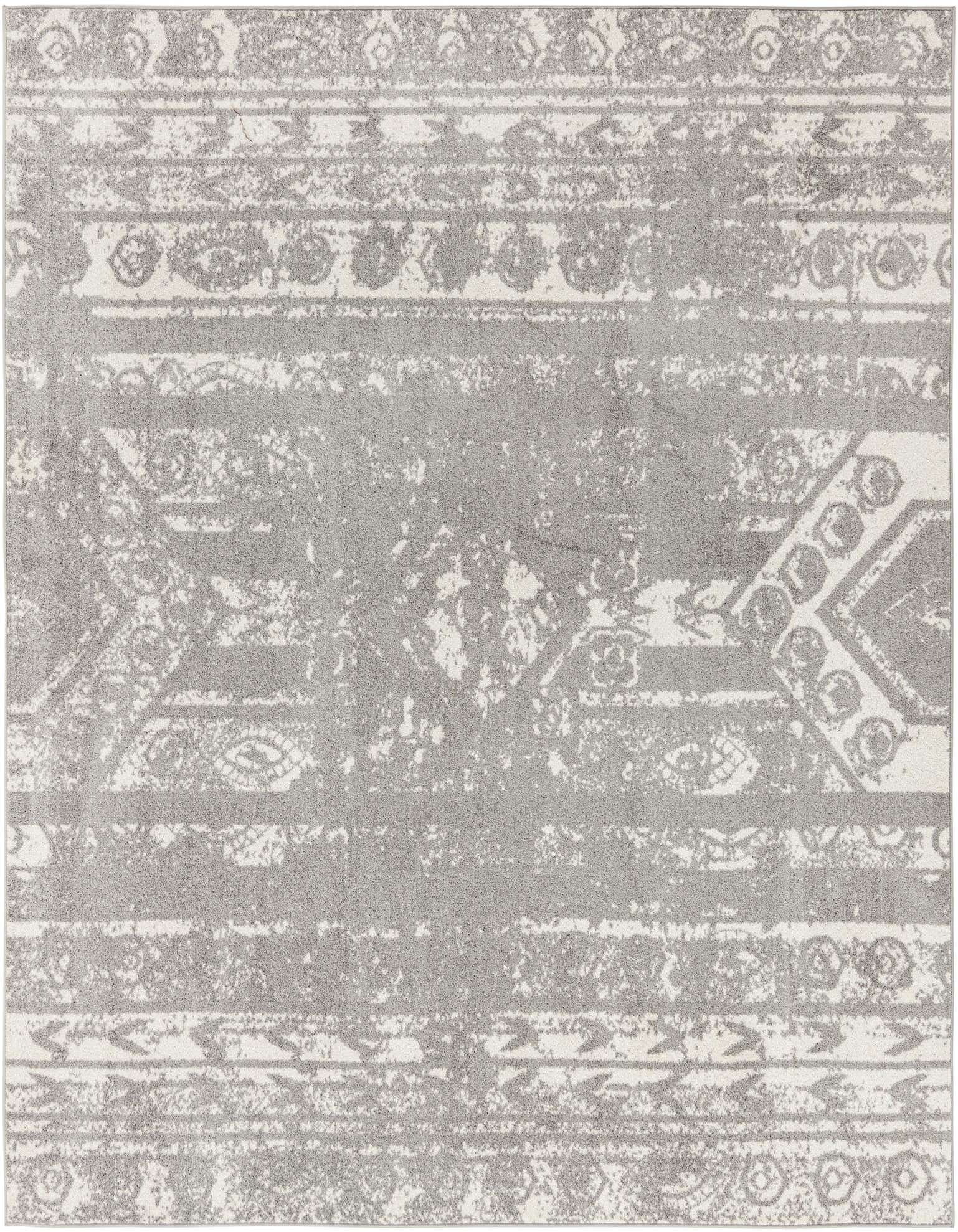 A 10' 0 x 10' 0 square ivory and gray Southwestern rug with a distressed tribal stripe pattern.