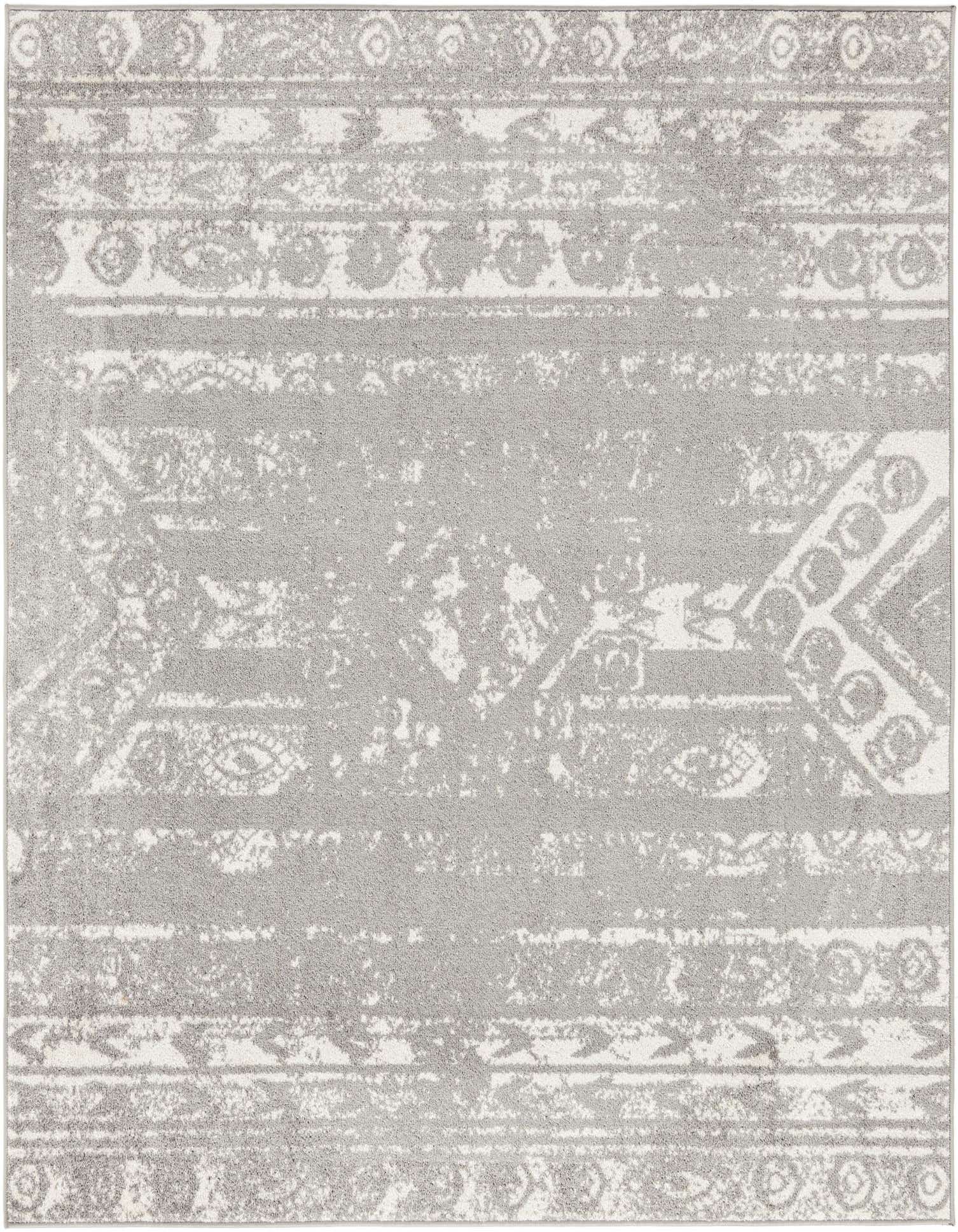 A 7' 0 x 7' 0 square ivory and gray Southwestern rug with a distressed tribal stripe pattern.