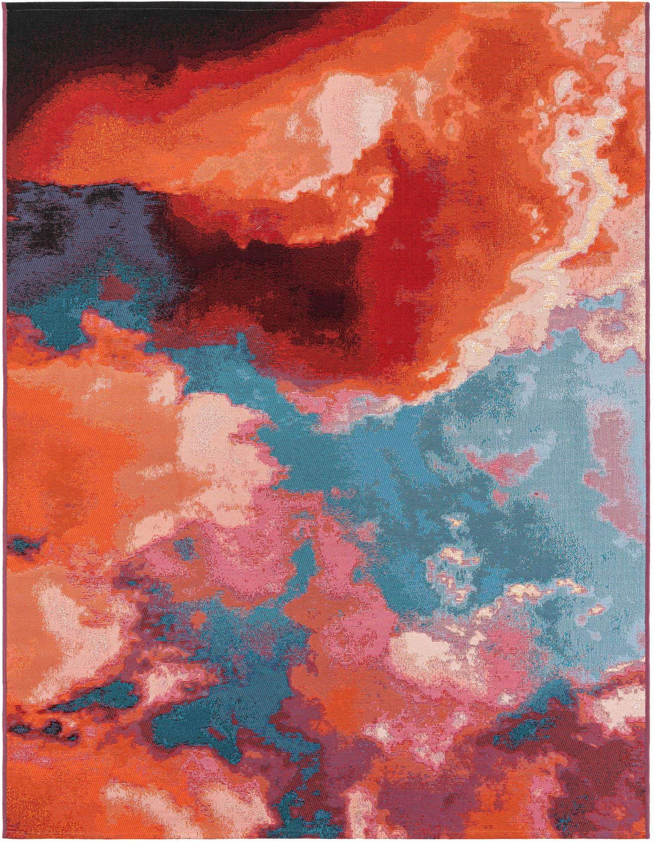 A 5x8 rectangular modern abstract rug with a vibrant blend of grays, silvers, pinks, oranges, and blues, resembling a colorful sky.