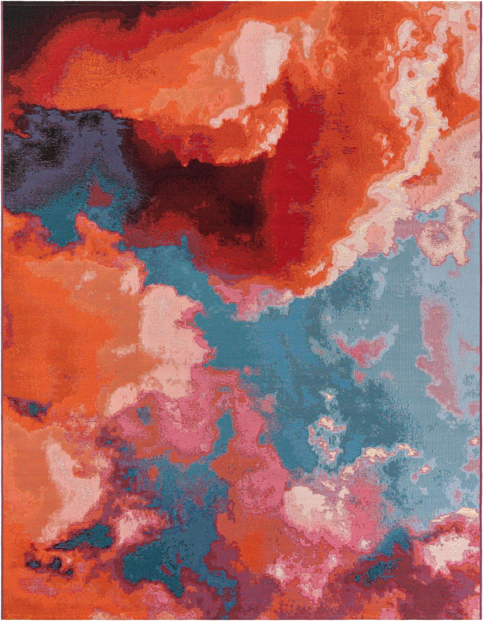 An 8x10 rectangular modern abstract rug featuring a dynamic blend of grays, silvers, and pinks, suitable for indoor or outdoor spaces.