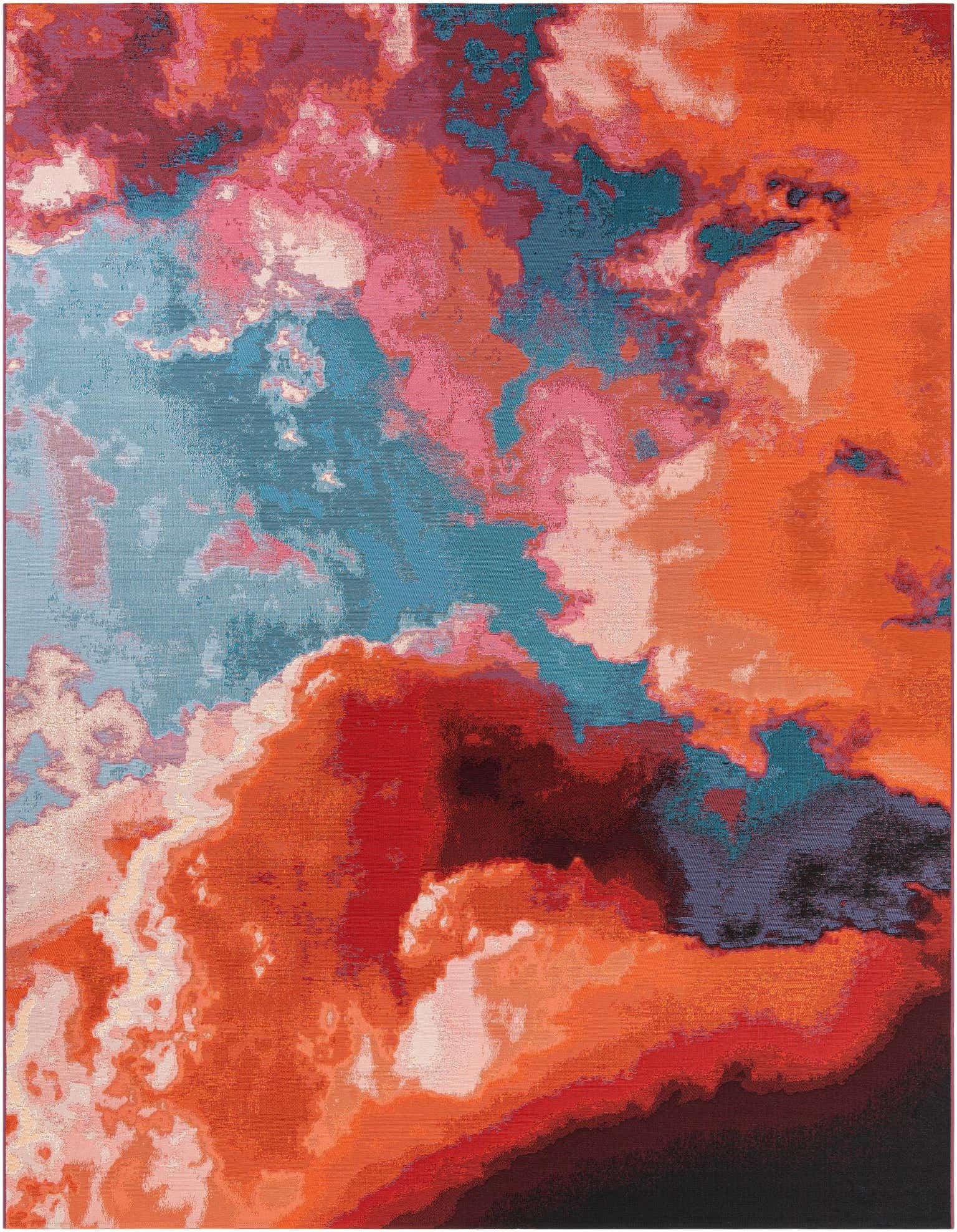 A 9x12 rectangular modern abstract rug featuring a vibrant blend of grays, silvers, pinks, and oranges, suitable for indoor or outdoor use.