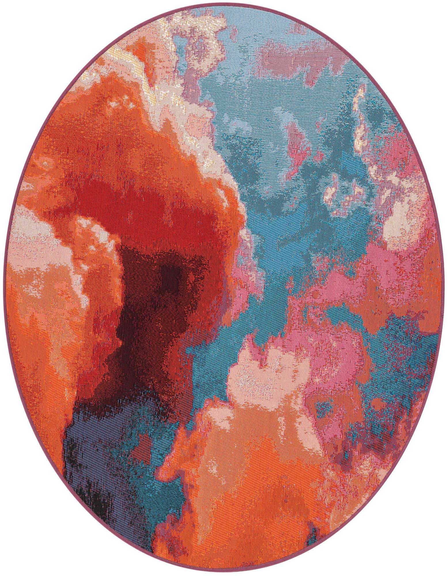 A round, modern abstract rug featuring a vibrant blend of grays, silvers, pinks, and hints of orange and blue, suitable for indoor or outdoor use.