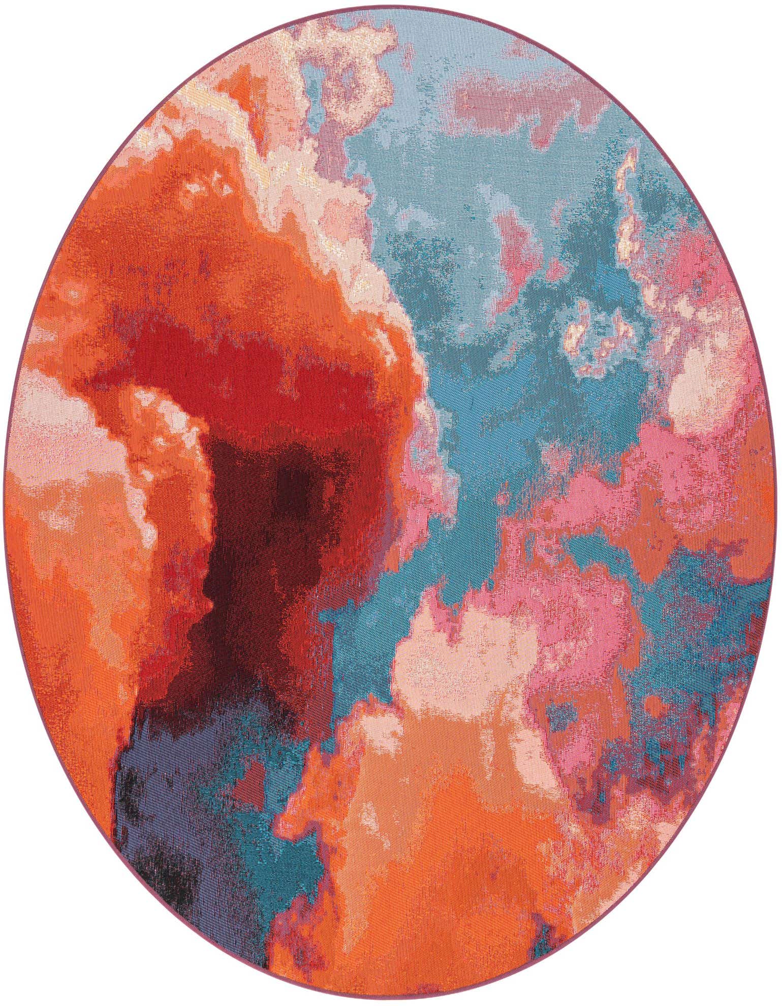 A 6' 1" round modern abstract rug with a vibrant mix of grays, silvers, pinks, oranges, and blues, suitable for indoor or outdoor use.