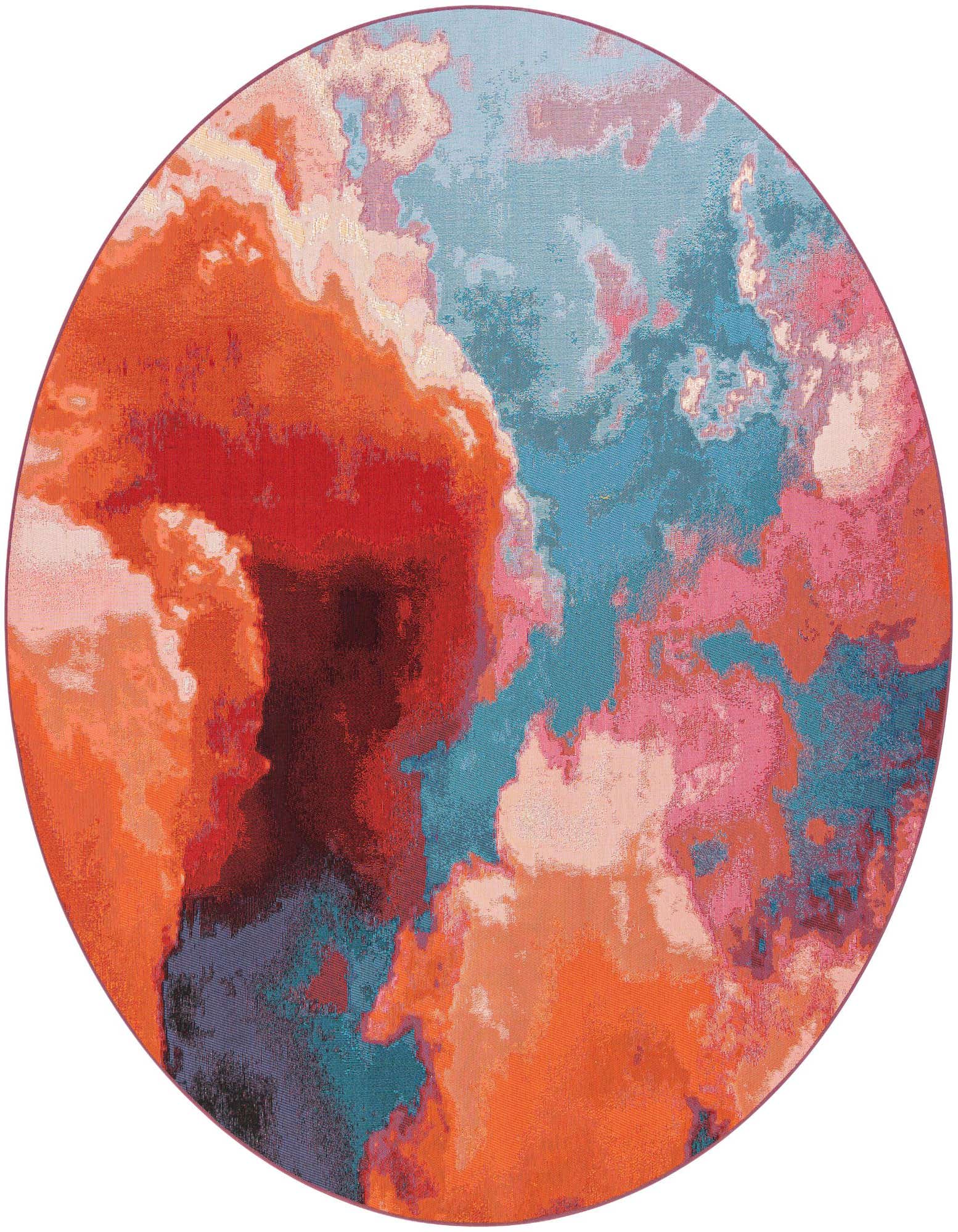 A round 7' 10 x 7' 10 modern abstract rug with a vibrant mix of grays, silvers, pinks, and hints of blue and orange, ideal for a patio.