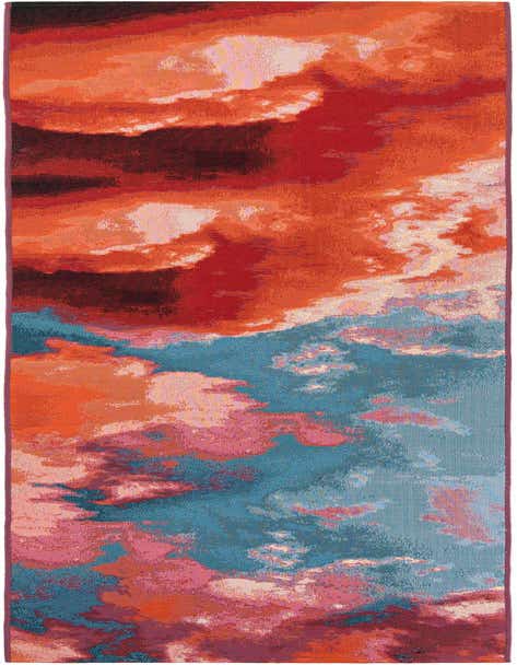 A 12 ft runner rug with an abstract design featuring vibrant pink, orange, and teal colors, resembling a dramatic sky.
