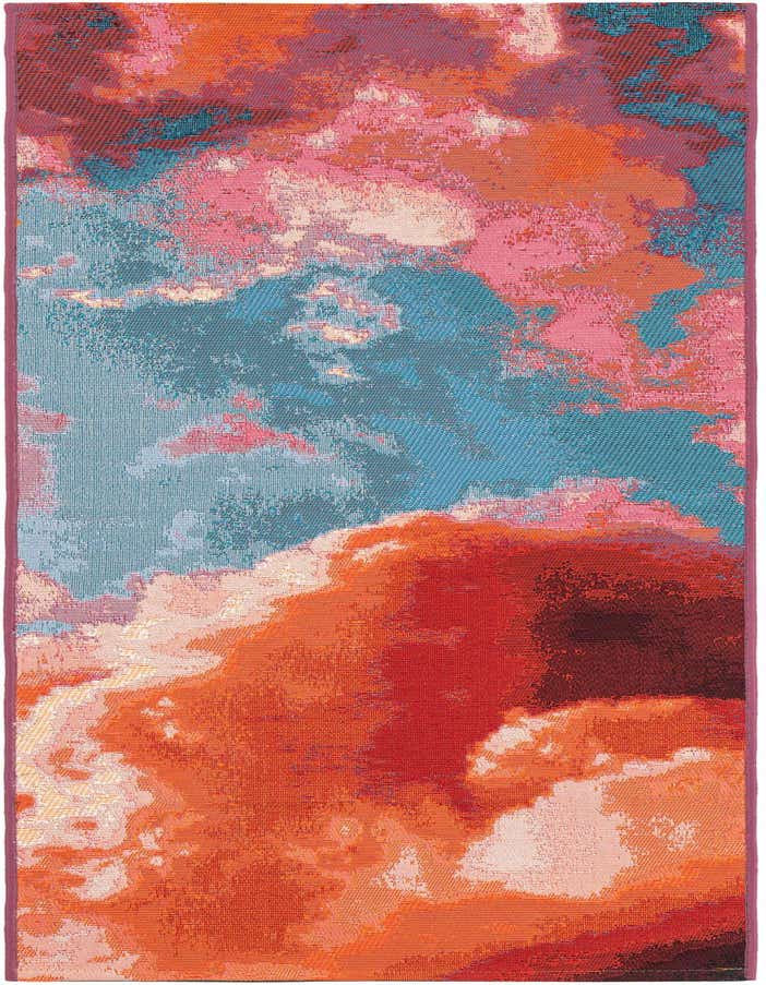 A 6 ft runner rug featuring an abstract, modern design with vibrant pink, orange, and teal cloud-like patterns, suitable for indoor or outdoor use.