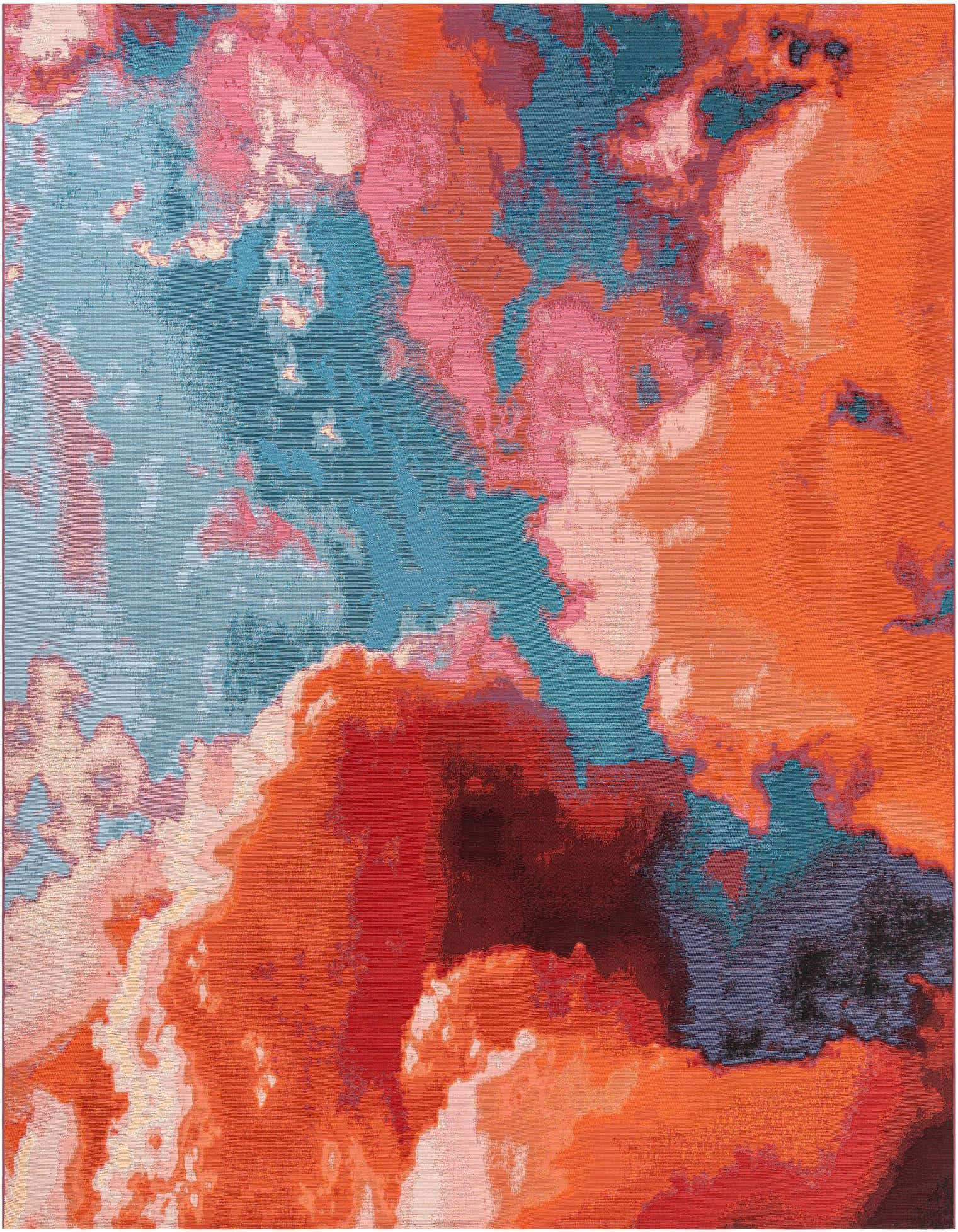 A 10'x10' square Rugs.com Outdoor Modern rug featuring an abstract pattern in shades of gray, silver, and pink, suitable for indoor or outdoor use.