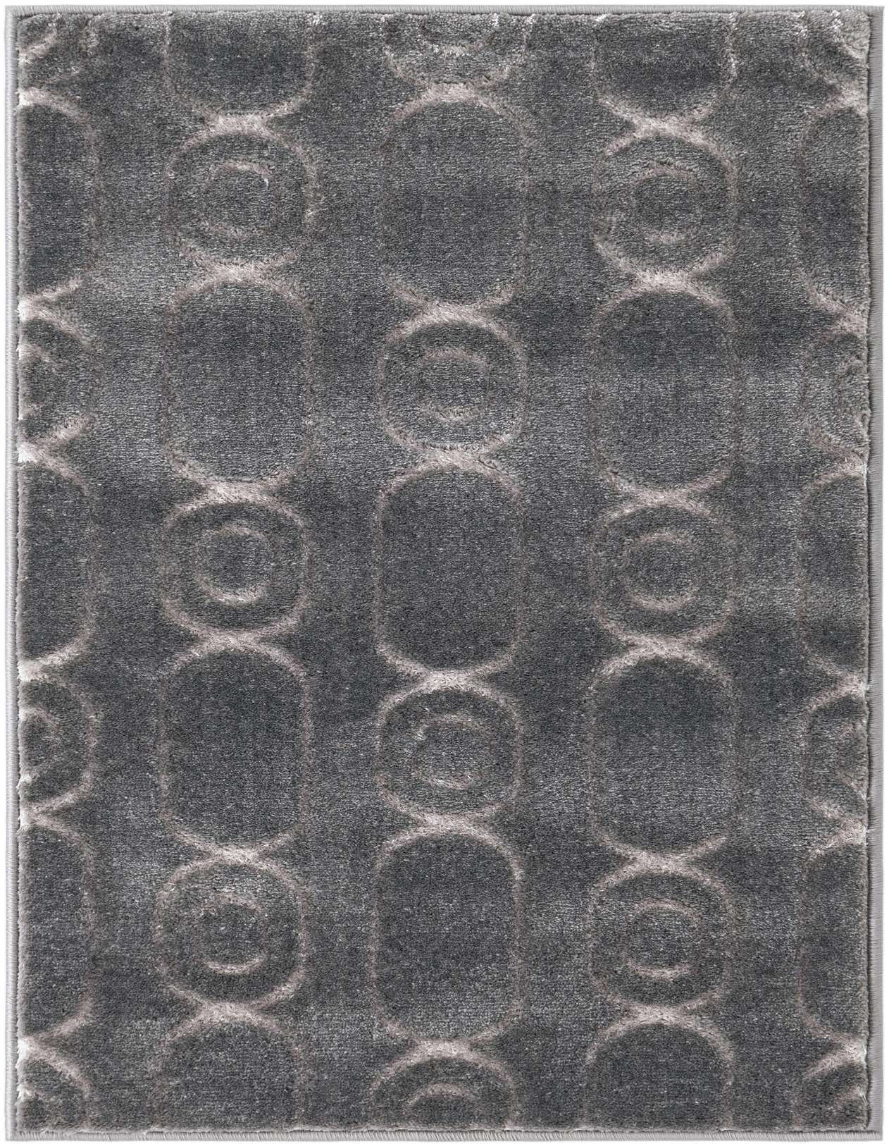 A rectangular 2x3 gray and silver indoor rug with a textured geometric pattern of interlocking circles.