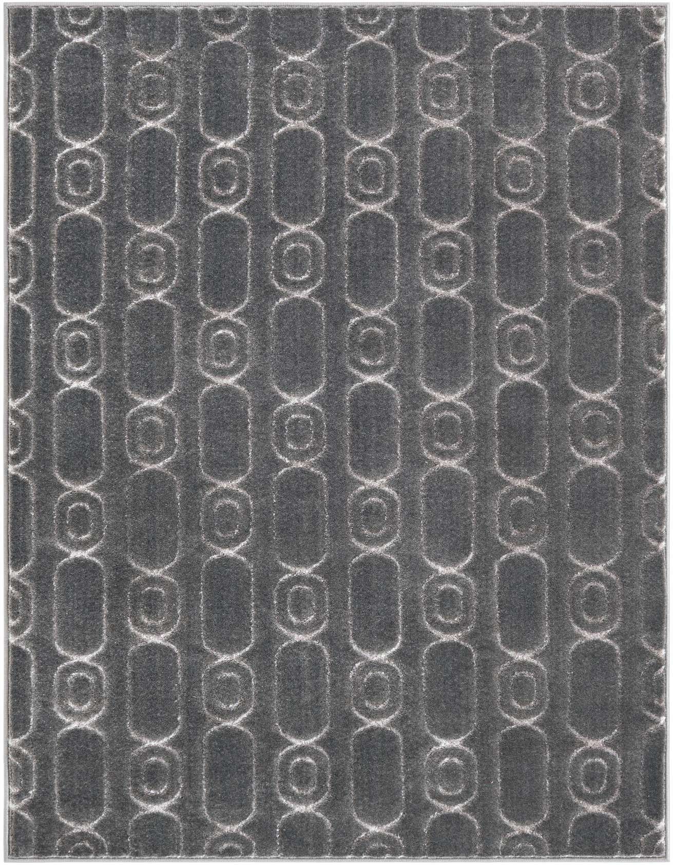 A 4x6 rectangular gray and silver area rug with a textured geometric pattern of interlocking ovals and circles.