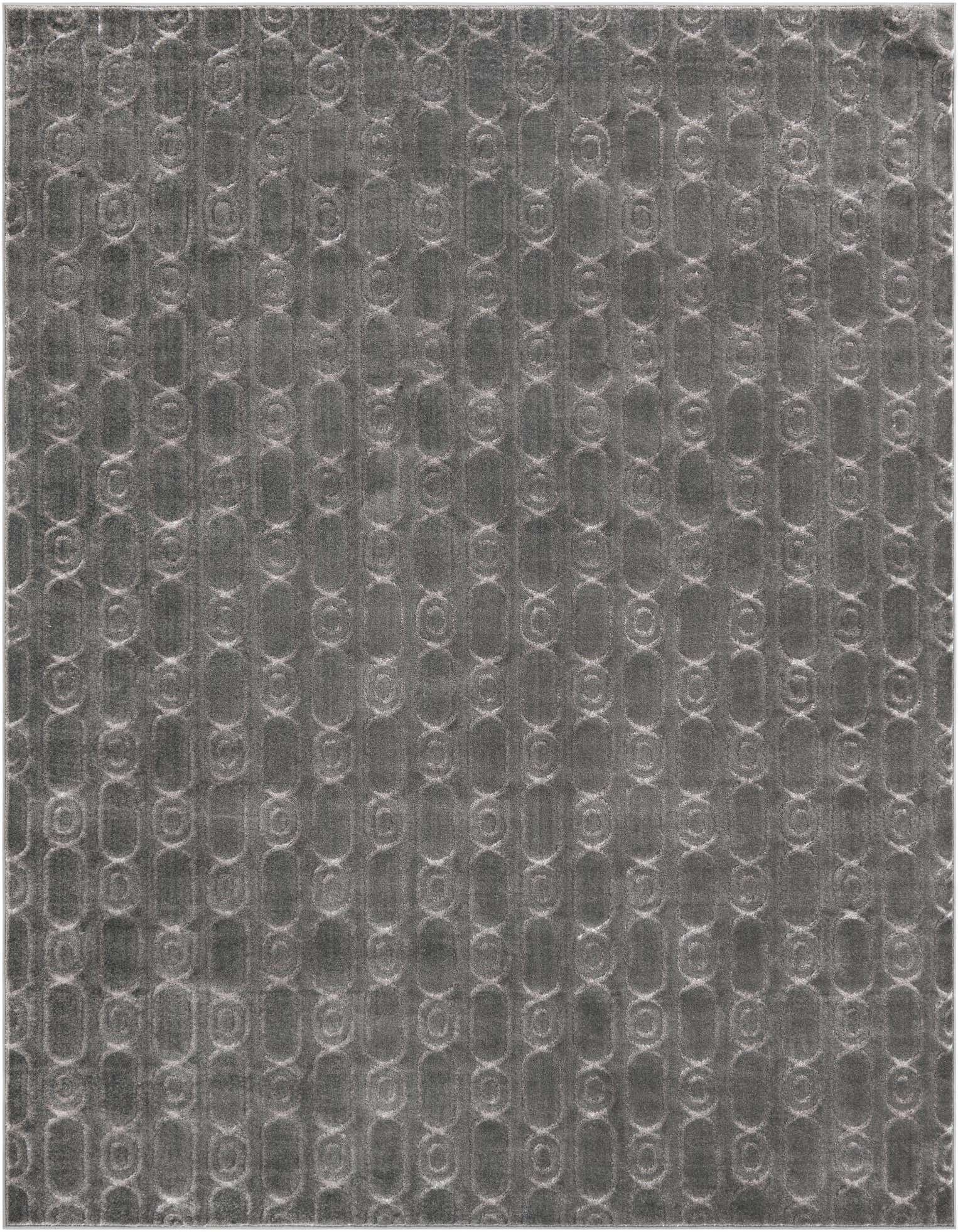 A rectangular 8x10 gray and silver area rug with a subtle geometric pattern of interlocking circles, ideal for a modern living room.