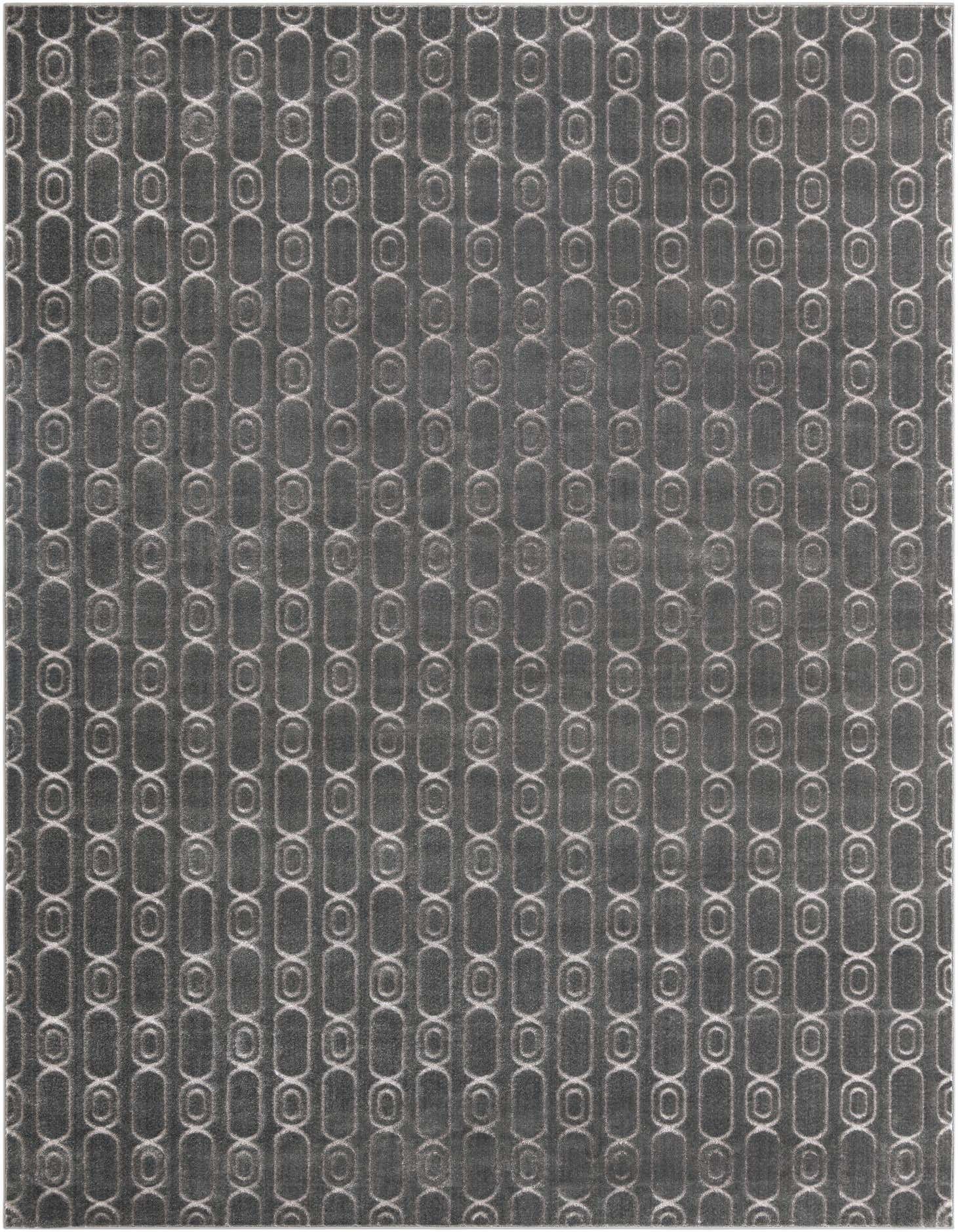 A 9x12 rectangular gray and silver area rug with a repeating geometric chain link pattern, perfect for a modern living room.