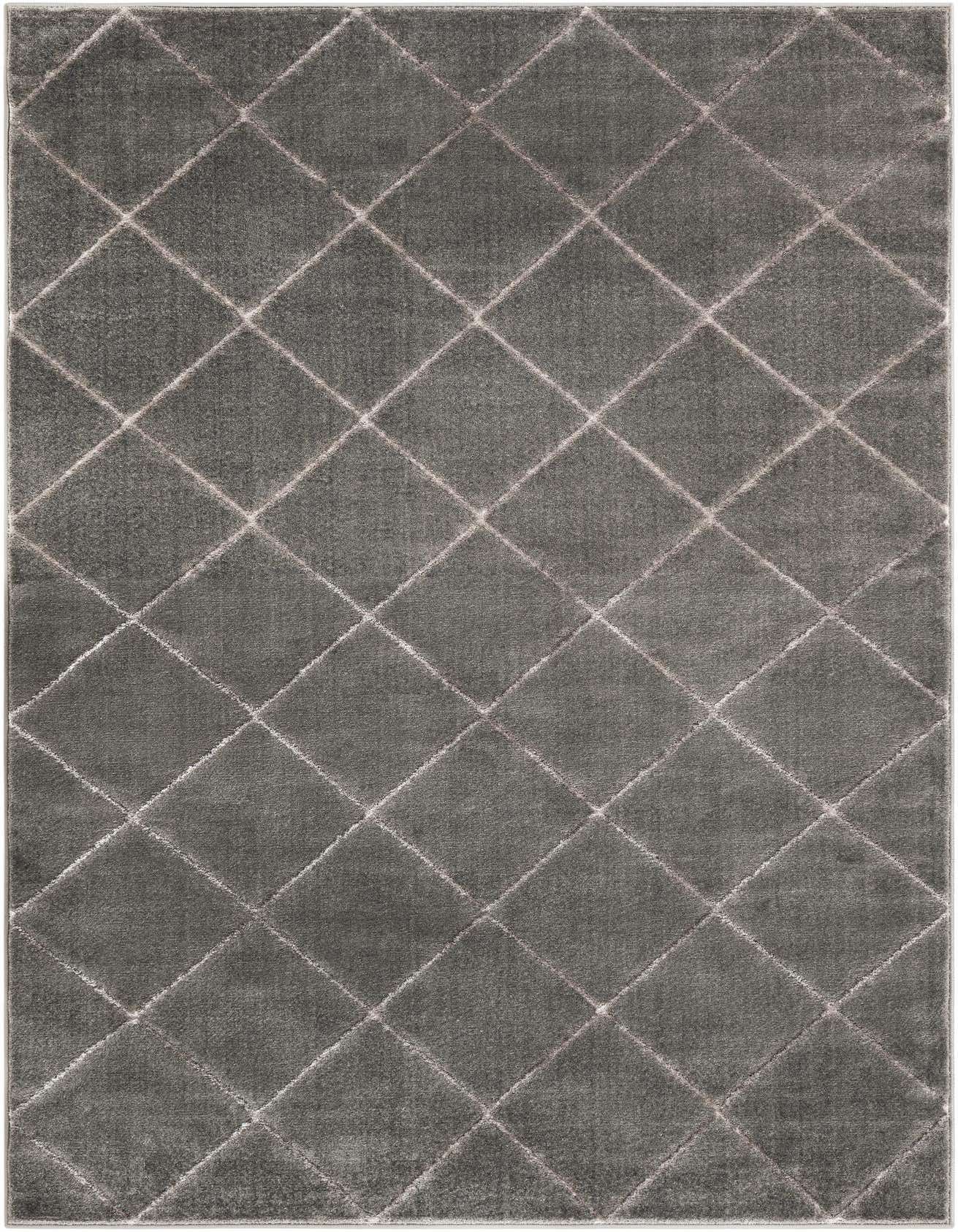 A 5x8 rectangular gray and silver area rug with a subtle diamond pattern, featuring a medium, textured pile.