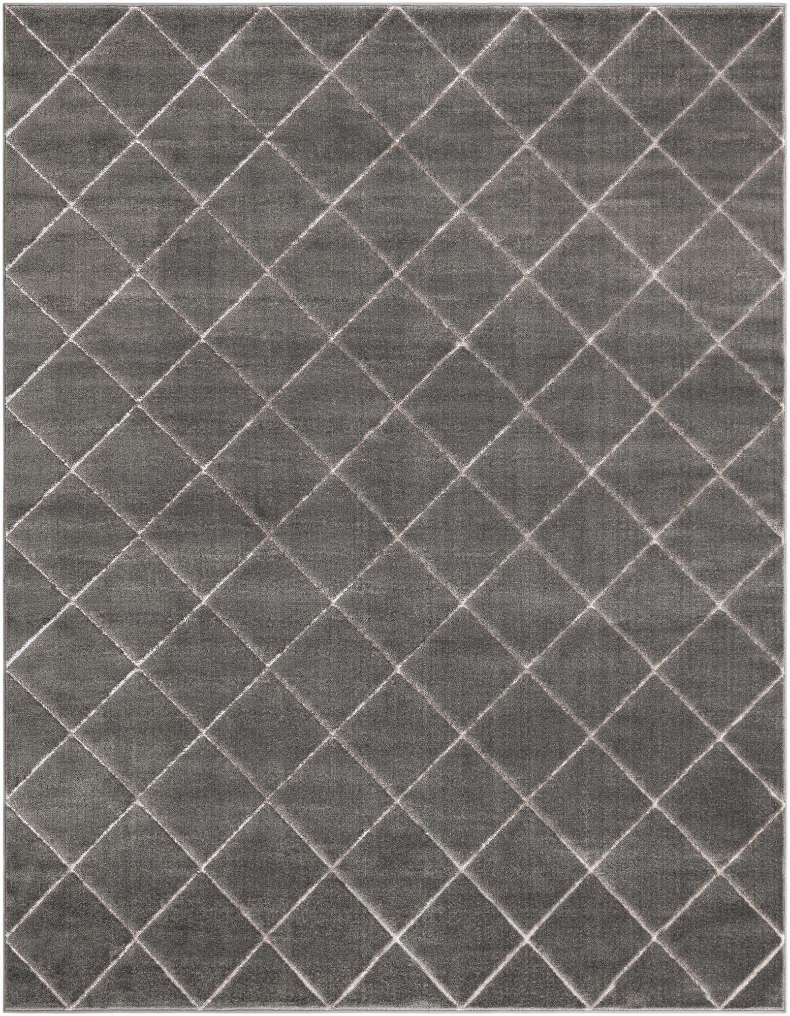 A rectangular 8x10 gray area rug with a subtle silver diamond pattern, suitable for a modern living room.