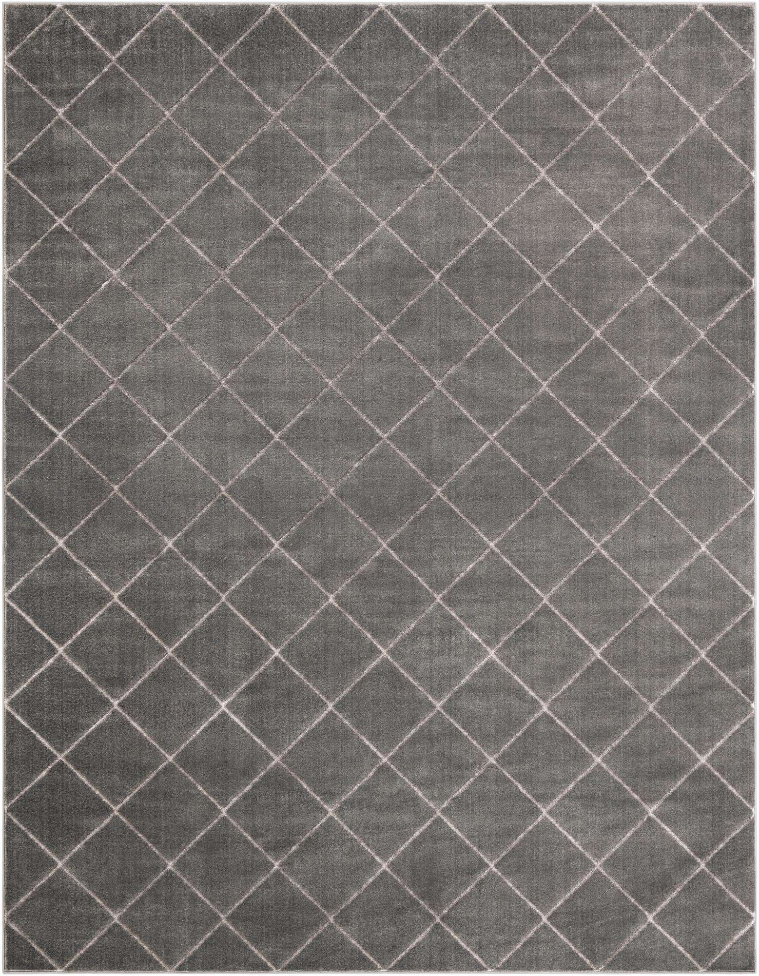 A 9x12 rectangular gray and silver area rug with a repeating diamond pattern, ideal for a living room or bedroom.