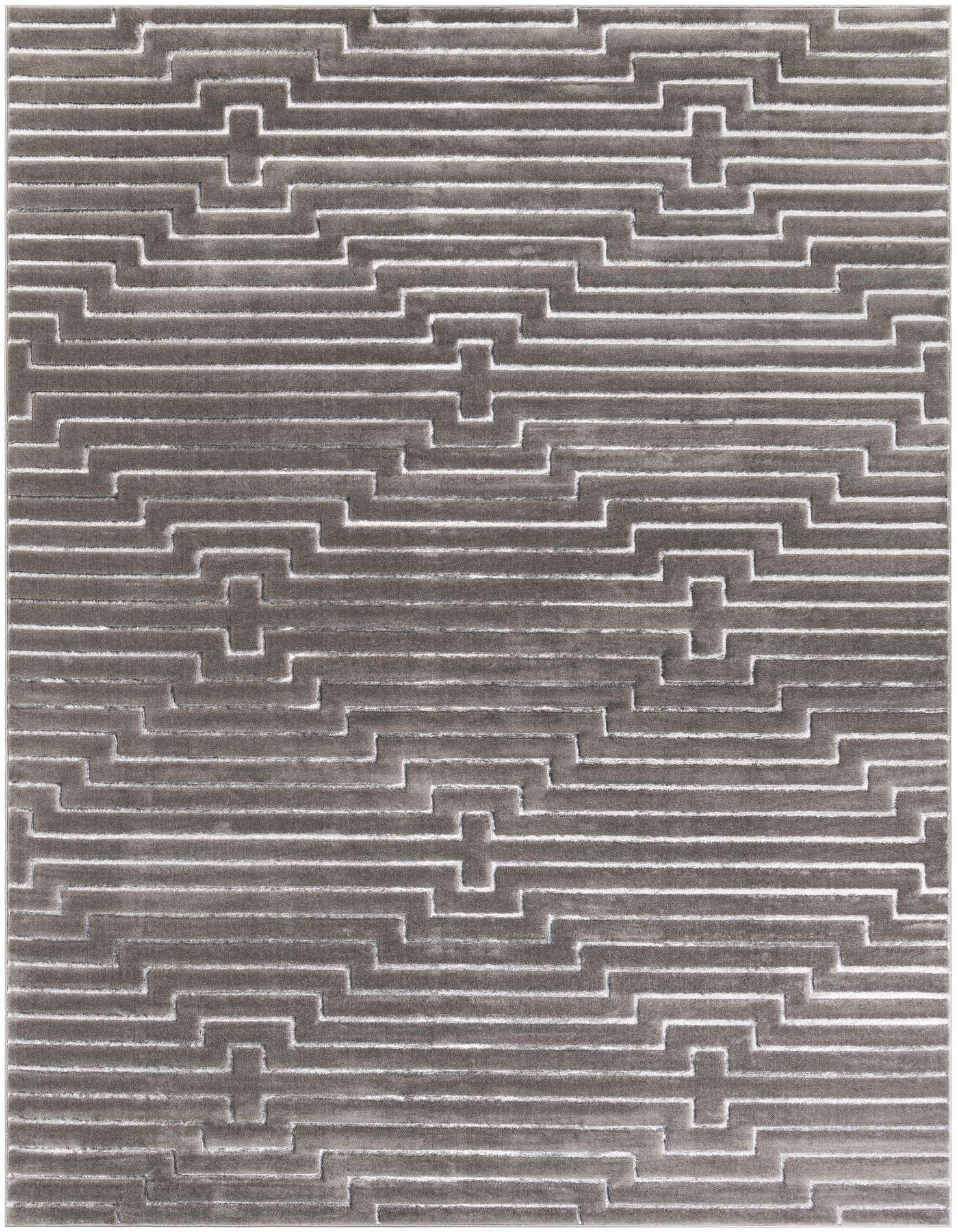 A 9x12 rectangular gray and silver modern rug with a textured geometric pattern, ideal for a living room.