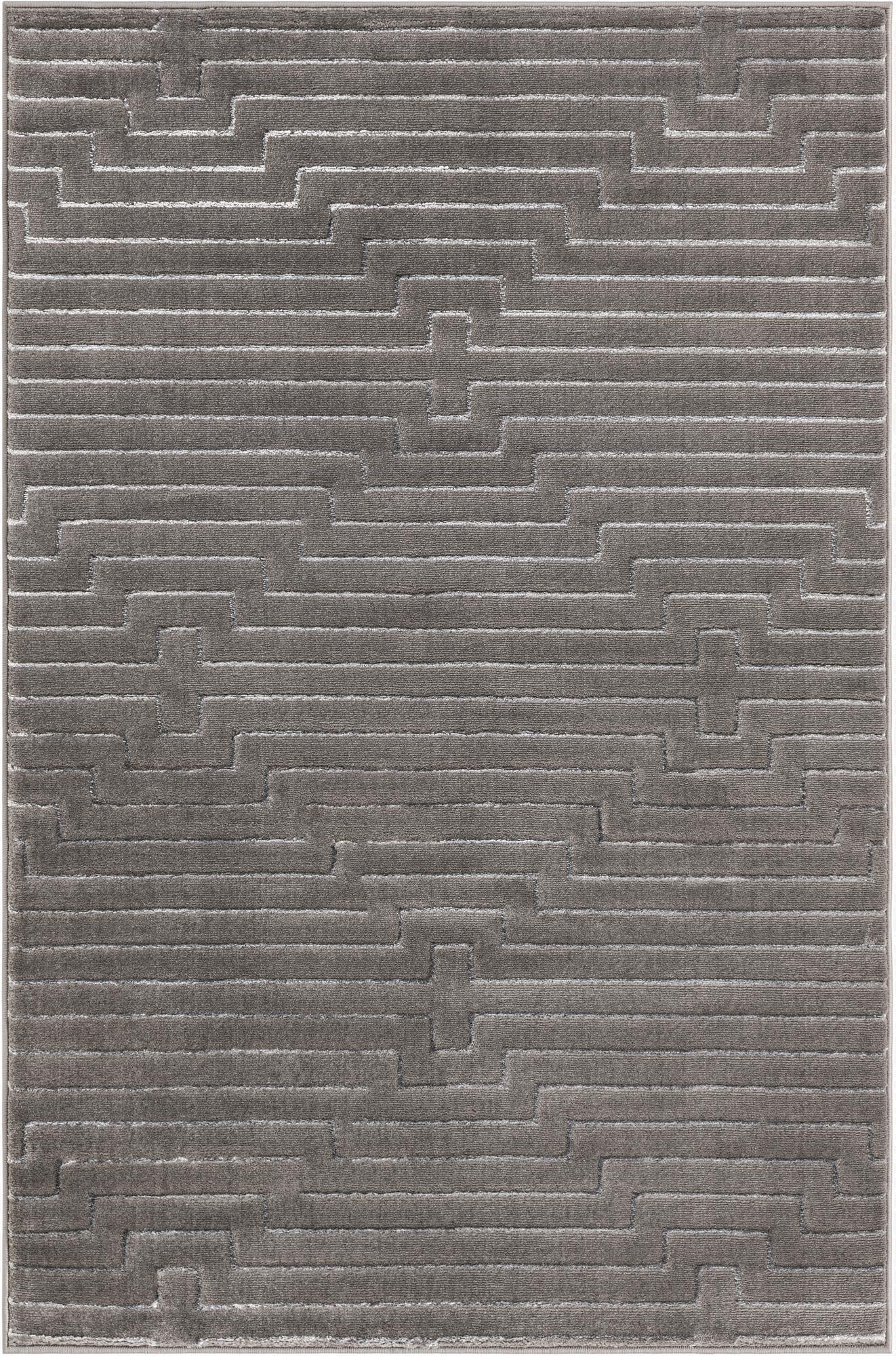 A 4x6 rectangular gray and silver area rug with a textured geometric pattern, ideal for a modern living room.