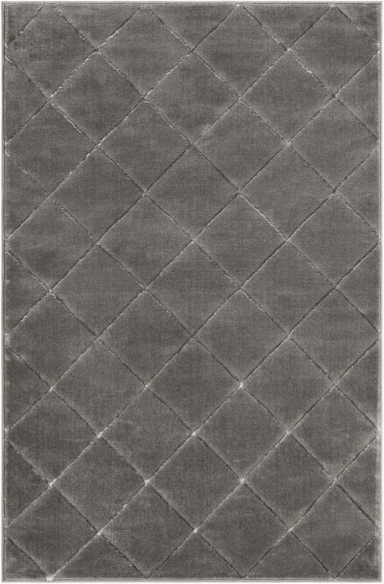 A 4x6 rectangular gray and silver area rug with a textured geometric diamond pattern, suitable for a living room.