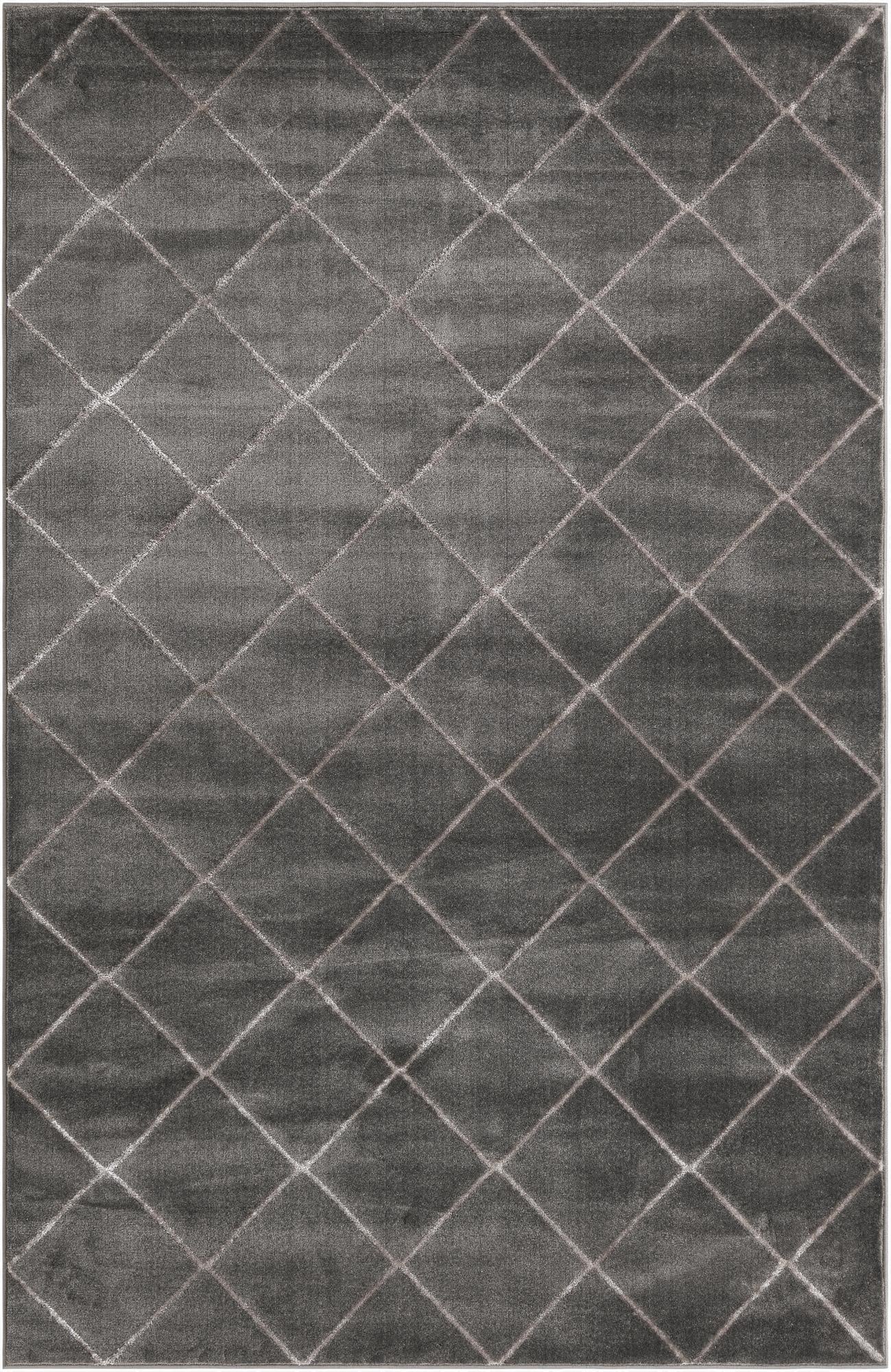 A 6x9 rectangular gray area rug with a subtle silver diamond pattern, suitable for a modern living room.