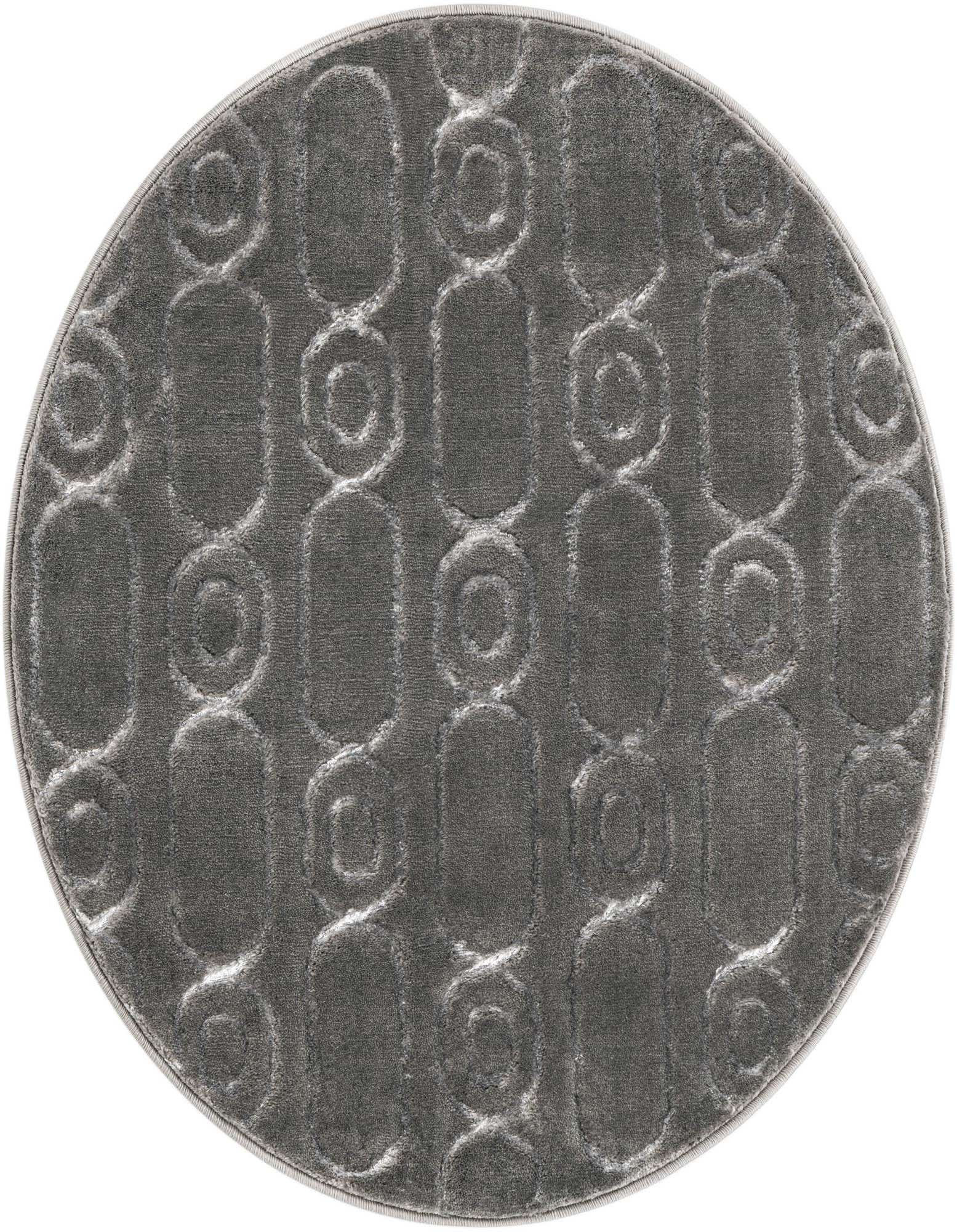 A 3' 0 x 3' 0 round gray and silver rug with an embossed geometric pattern, suitable for a patio.