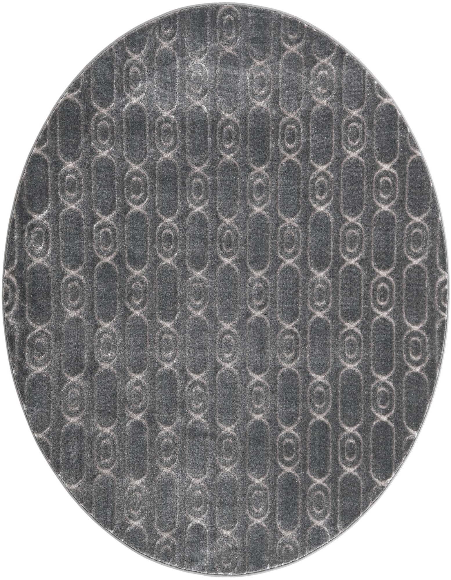 A 6' 0 x 6' 0 round gray and silver rug with a repeating geometric pattern of interconnected ovals and circles.