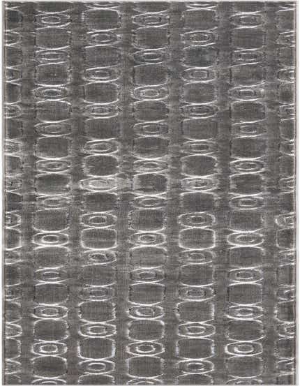 A gray and silver 12 ft runner rug with a textured geometric pattern of interlocking ovals and circles, ideal for a hallway.