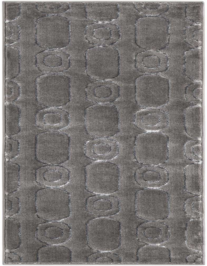 A gray and silver runner rug featuring a textured geometric pattern of interlocking ovals and circles, ideal for a hallway.