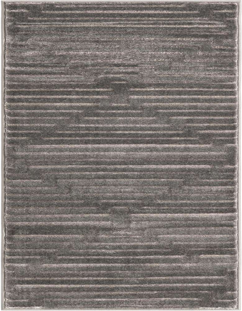 A gray and silver runner rug with a textured, linear pattern, ideal for a hallway or patio.