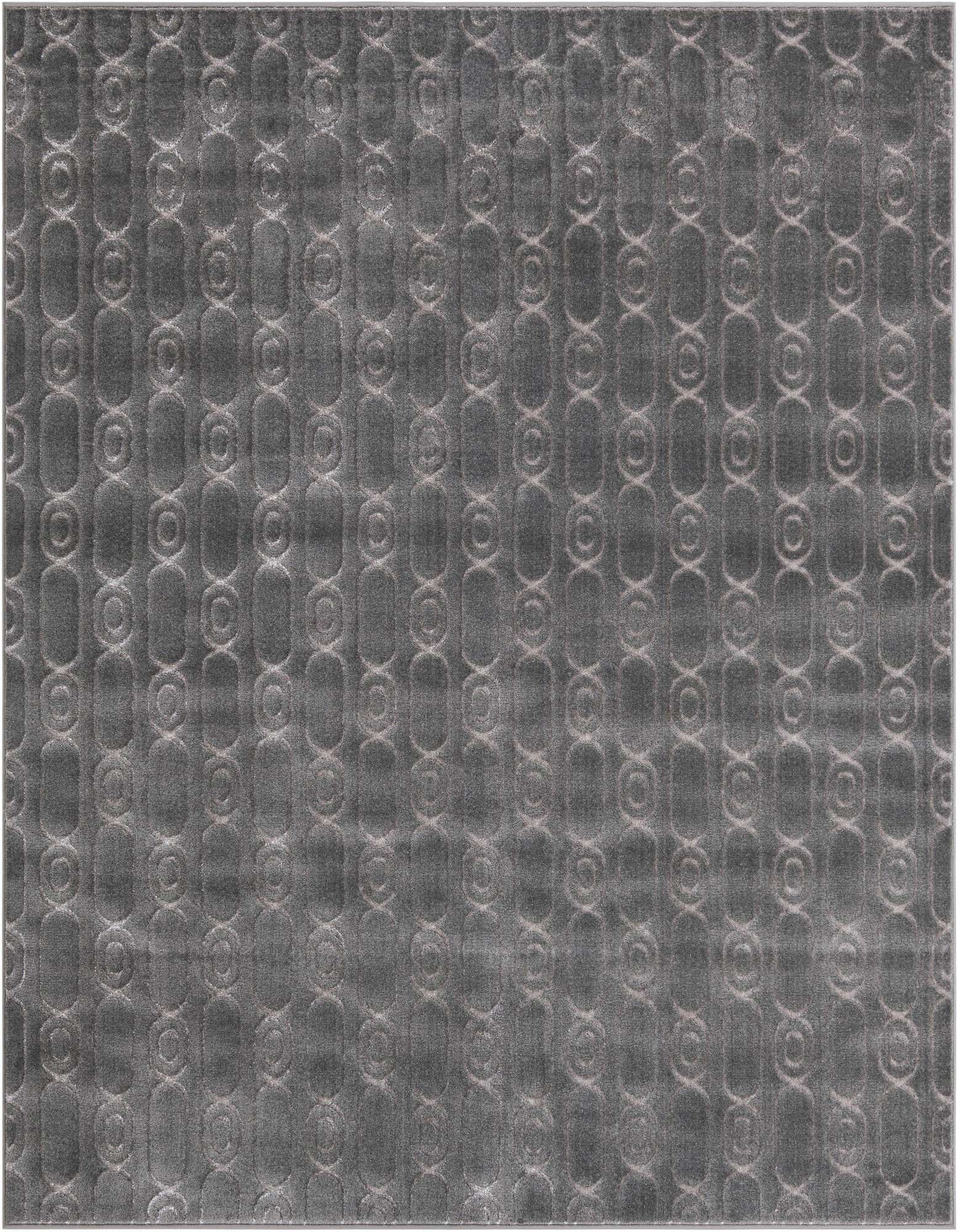 A square 7' 10 x 7' 10 gray and silver area rug with a repeating geometric pattern of interconnected ovals and circles.
