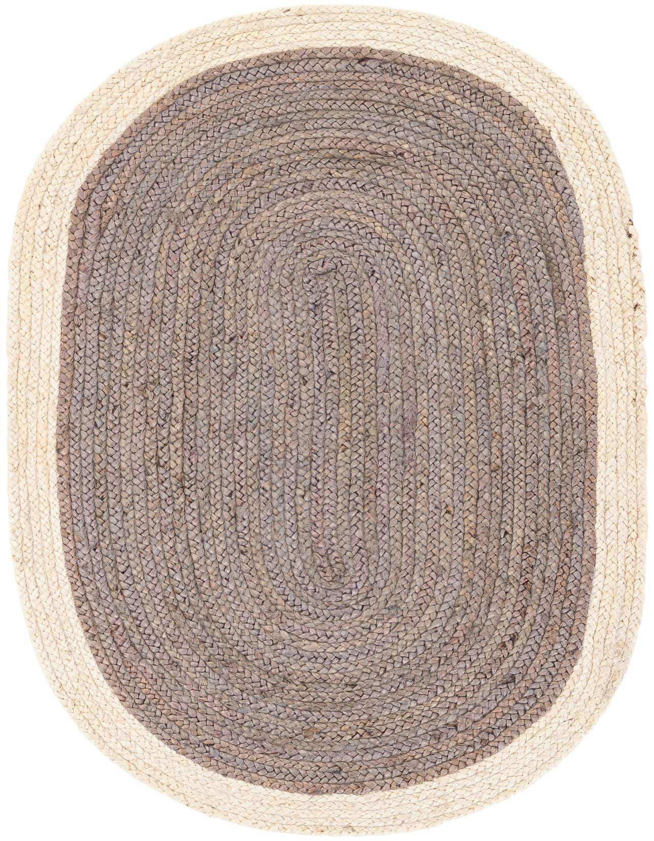 Oval braided jute rug featuring a gray center with a contrasting white border, showcasing its natural texture.