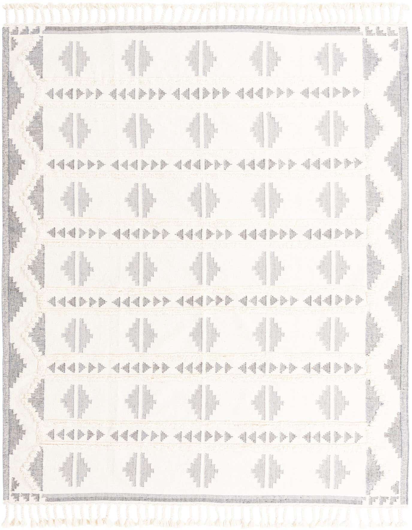 A 9x12 rectangular Rugs.com Arizona rug featuring a gray and white tribal, modern, abstract pattern with shag pile and fringe.