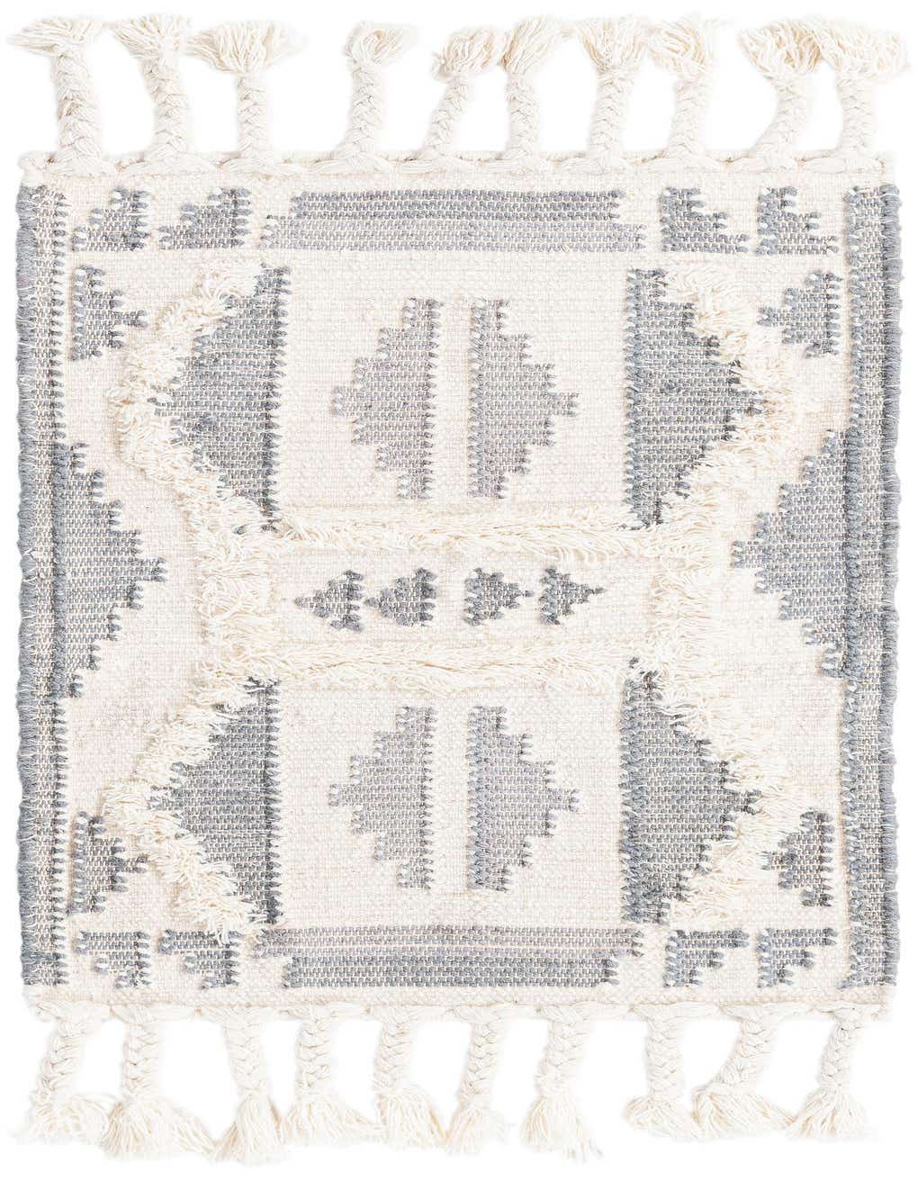 A 2x3 rectangular Rugs.com Arizona rug featuring a modern tribal pattern in gray and white shag, with braided tassels.