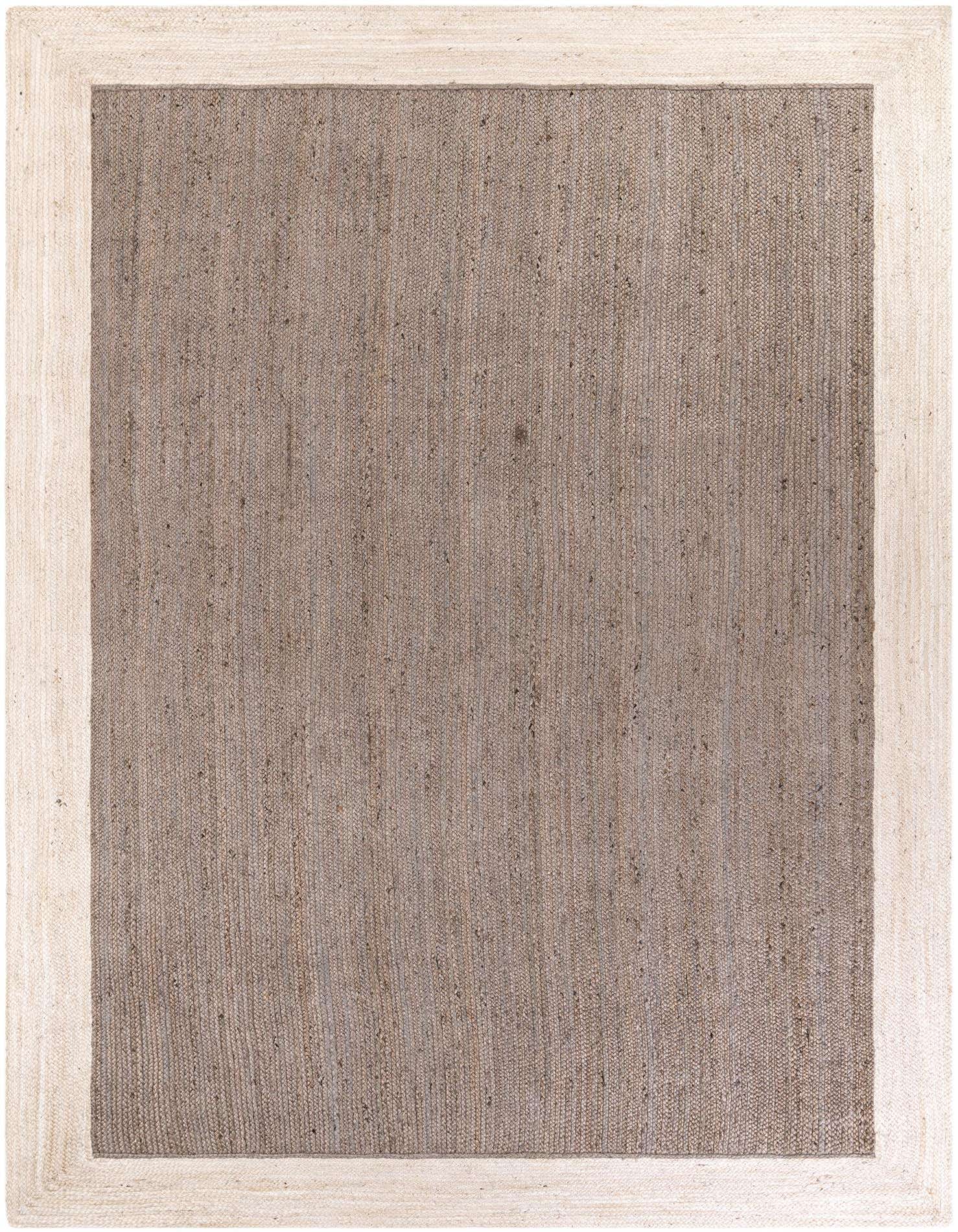 A 10x14 rectangular gray jute rug featuring a wide, light cream border, showcasing its natural texture.