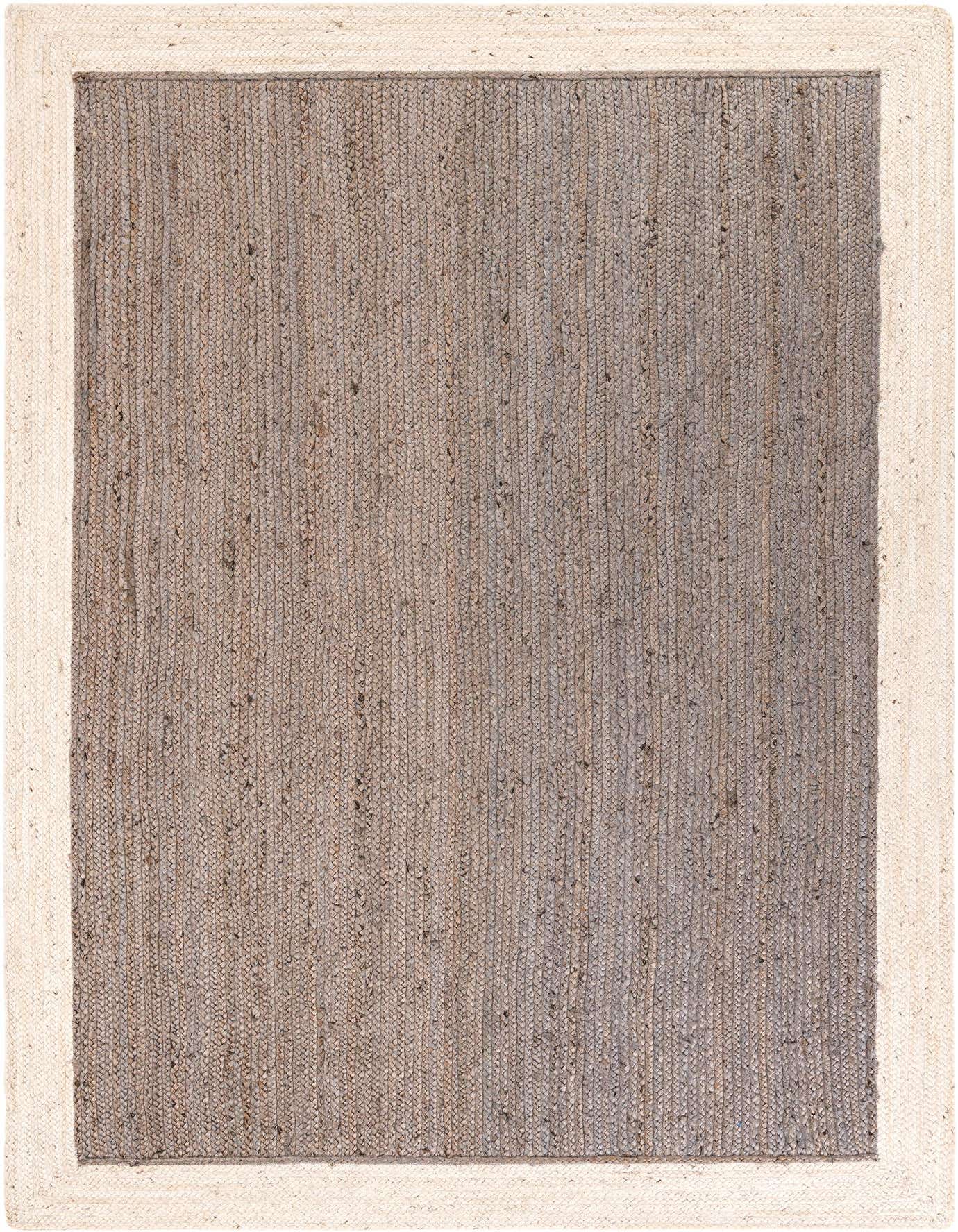 A 6x9 rectangular gray braided jute rug with a natural white border, showcasing its textured, eco-friendly design.