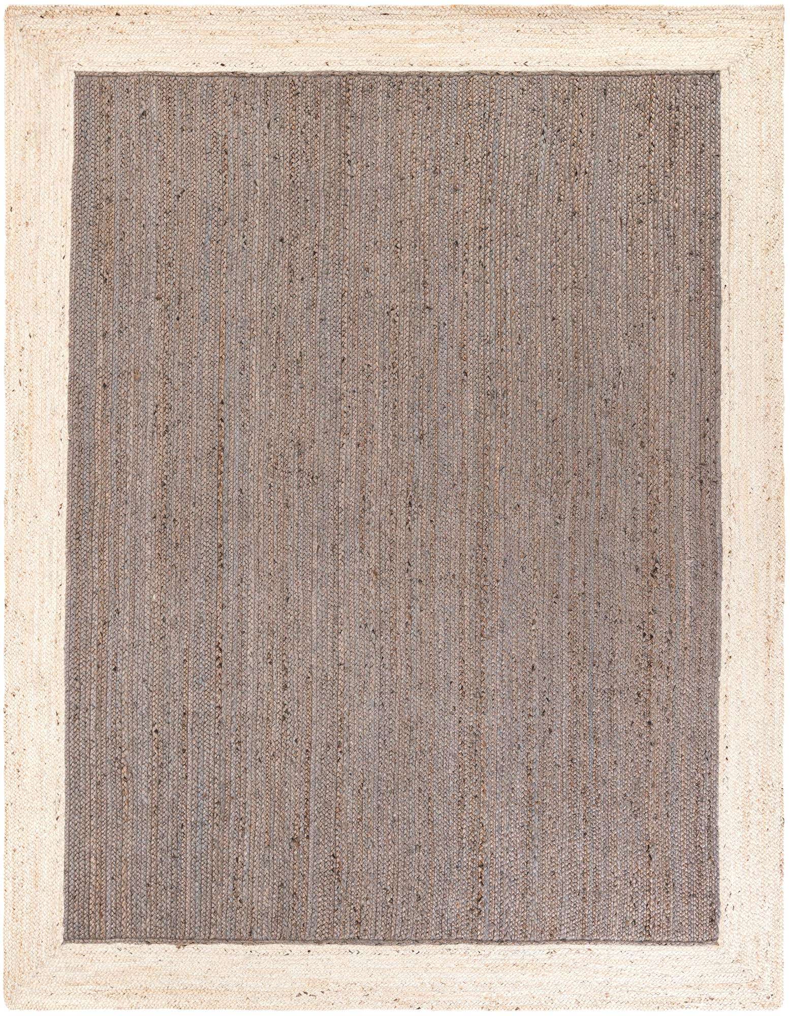 An 8x10 rectangular gray jute area rug with a wide natural white braided border, showcasing its textured, flatweave design.