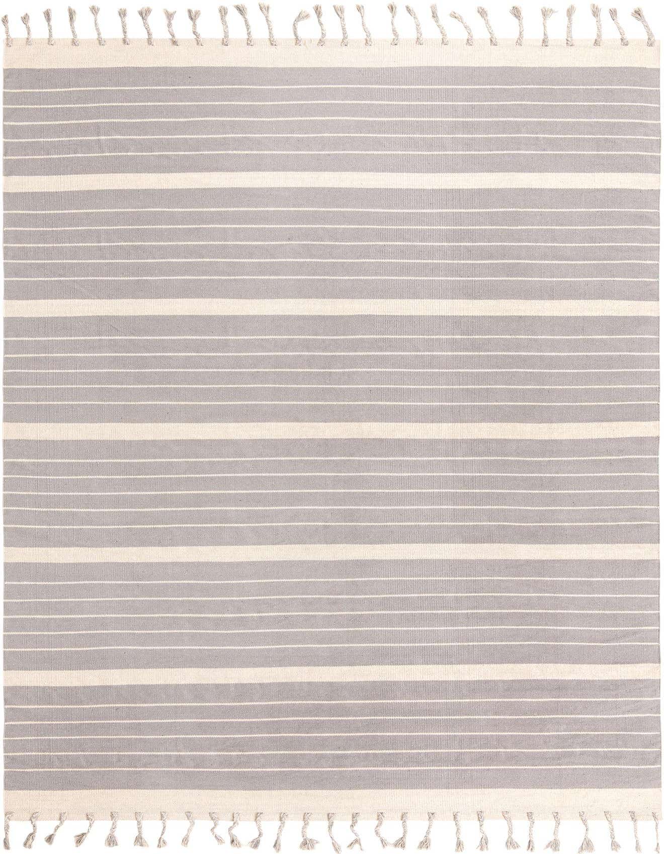 A 9x12 rectangular gray and white striped flatweave cotton rug with fringe, suitable for a living room.