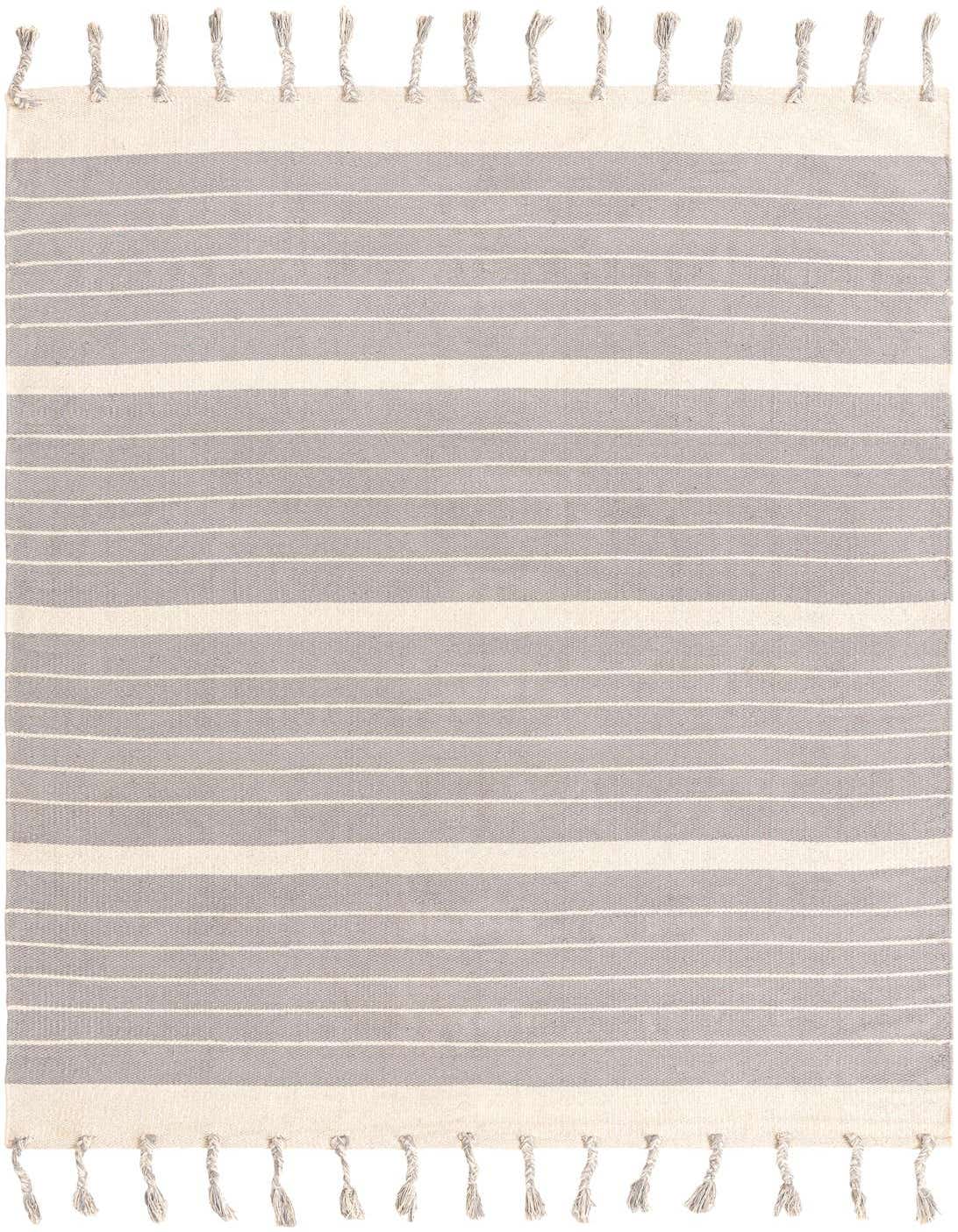 A 5x8 rectangular Chindi Cotton rug featuring alternating gray and white stripes with decorative tassels on the ends.