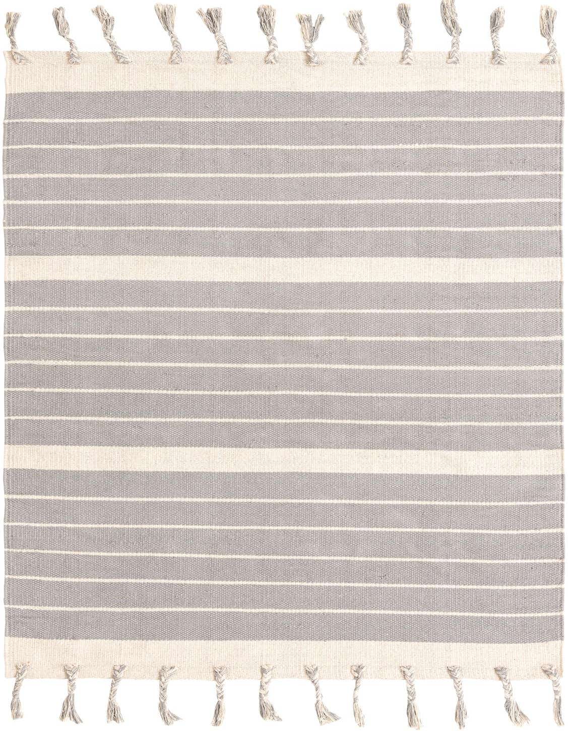 A 4x6 rectangular Chindi Cotton rug featuring alternating gray and white horizontal stripes with braided tassels.