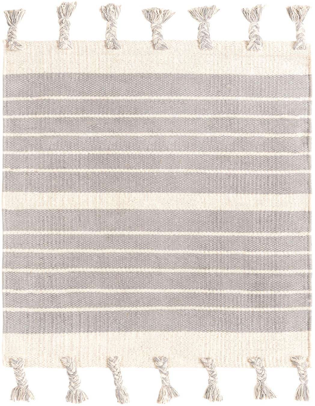 A 2x3 rectangular Chindi Cotton rug featuring light gray and white horizontal stripes with braided tassels on both ends.