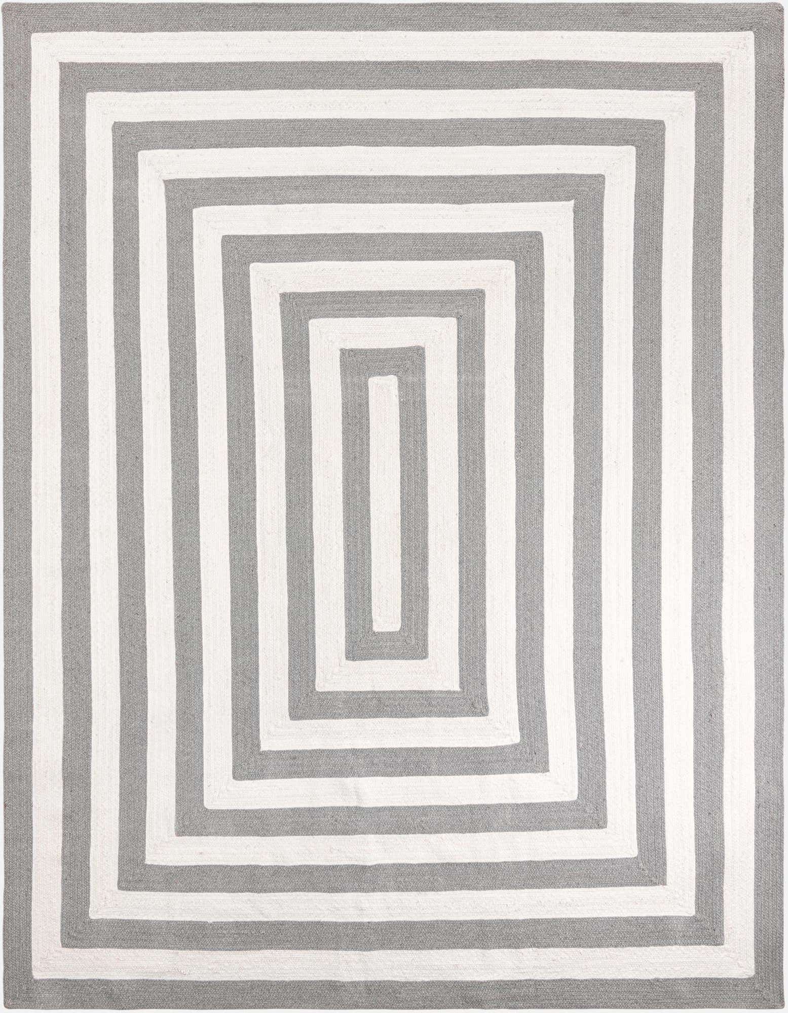 An 8x10 rectangular Eco Verse rug in gray and white with a modern striped pattern, suitable for indoor or outdoor use.