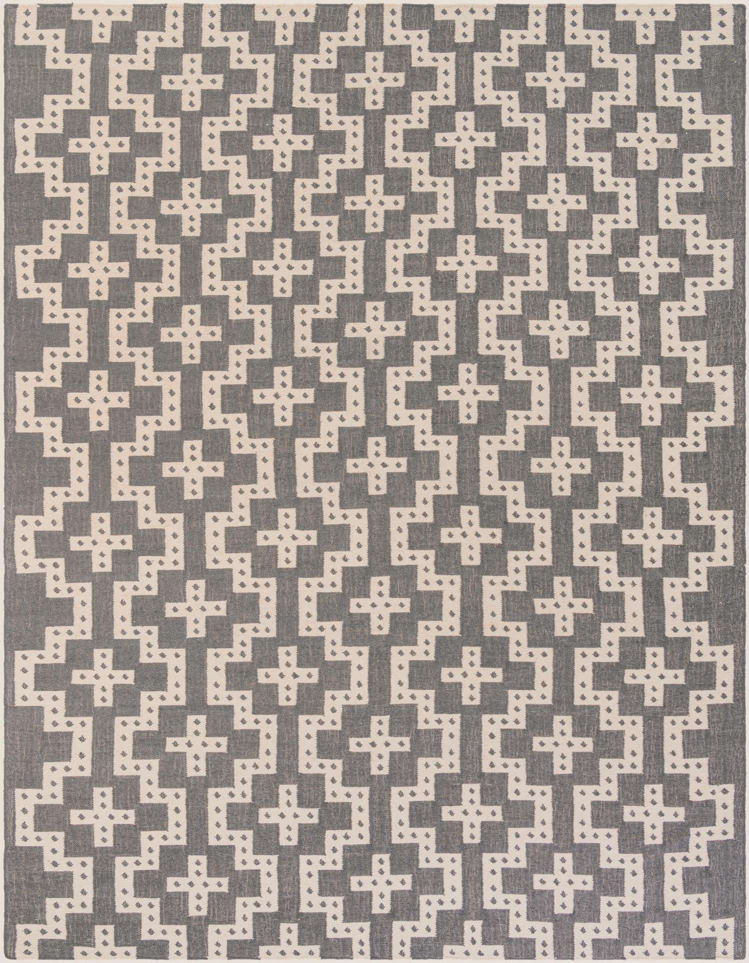 A 10x14 rectangular gray and white tribal wool rug with an interlocking geometric pattern, suitable for a living room.