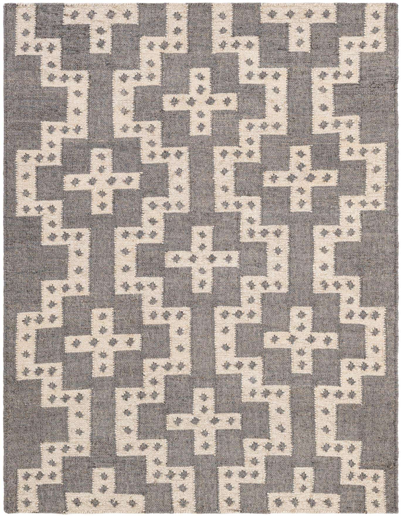 A 4x6 rectangular gray and white tribal wool rug with a repeating geometric cross pattern, suitable for various indoor rooms.