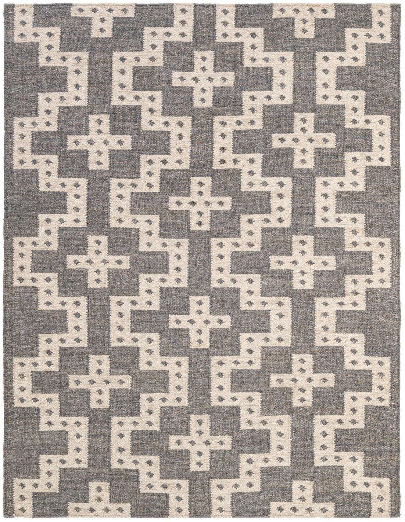 A 5x8 rectangular Kilim Wool rug featuring a modern tribal pattern in gray and off-white, suitable for a living room.