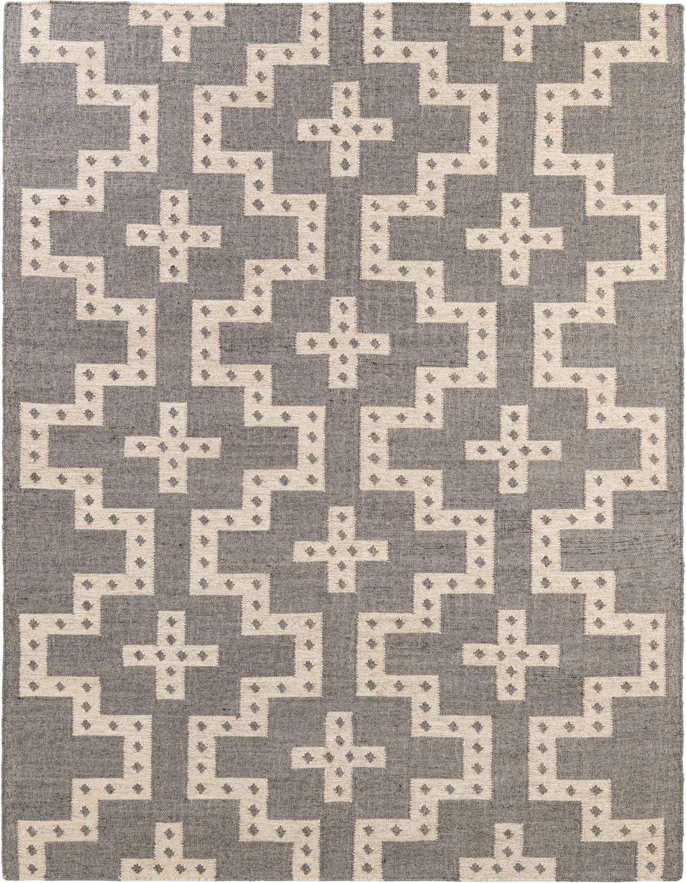 A 6x9 rectangular gray and white tribal flatweave wool rug with a modern geometric pattern, suitable for a living room.