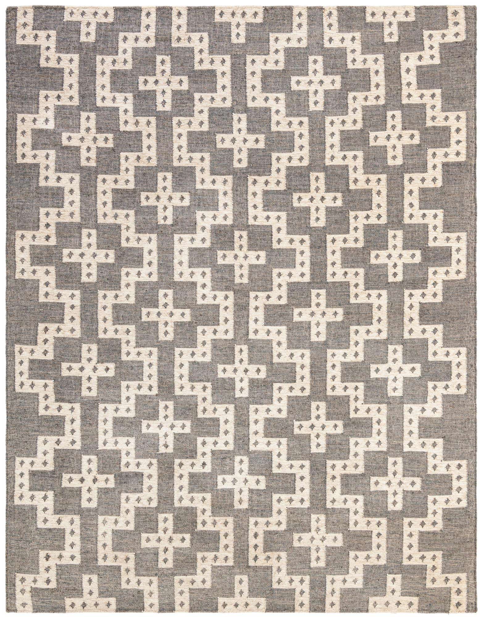 An 8x10 rectangular gray and white wool rug with a repeating tribal geometric pattern, suitable for a living room.